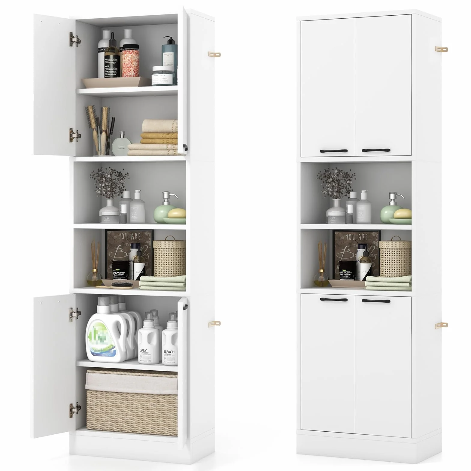GIANTEX Armario Alto de Baño 56x30x190 cm Mueble Almacenamiento 4 Puertas 2 Compartimentos Abiertos Organizador 6 Estantes Blanco
