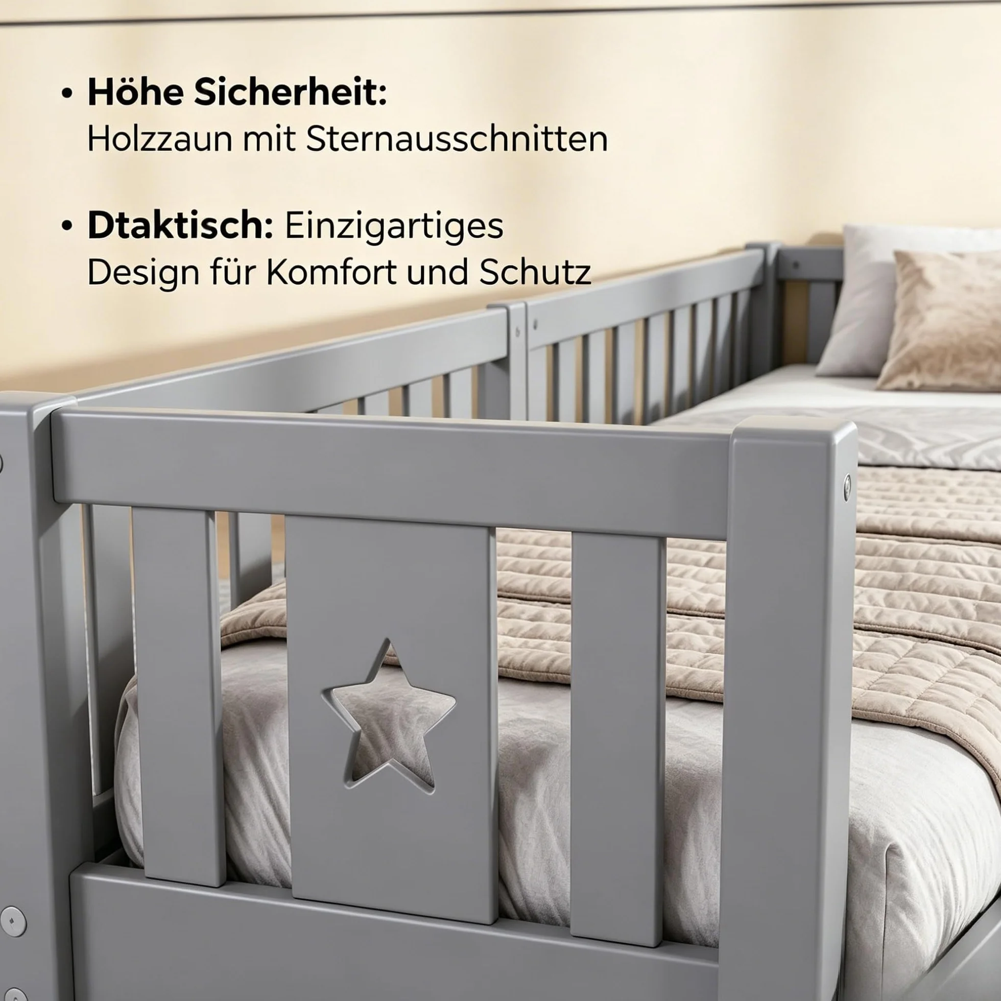 Cama infantil 180x200 cm madera protección anticaídas somier doble juvenil diseño escandinavo gris