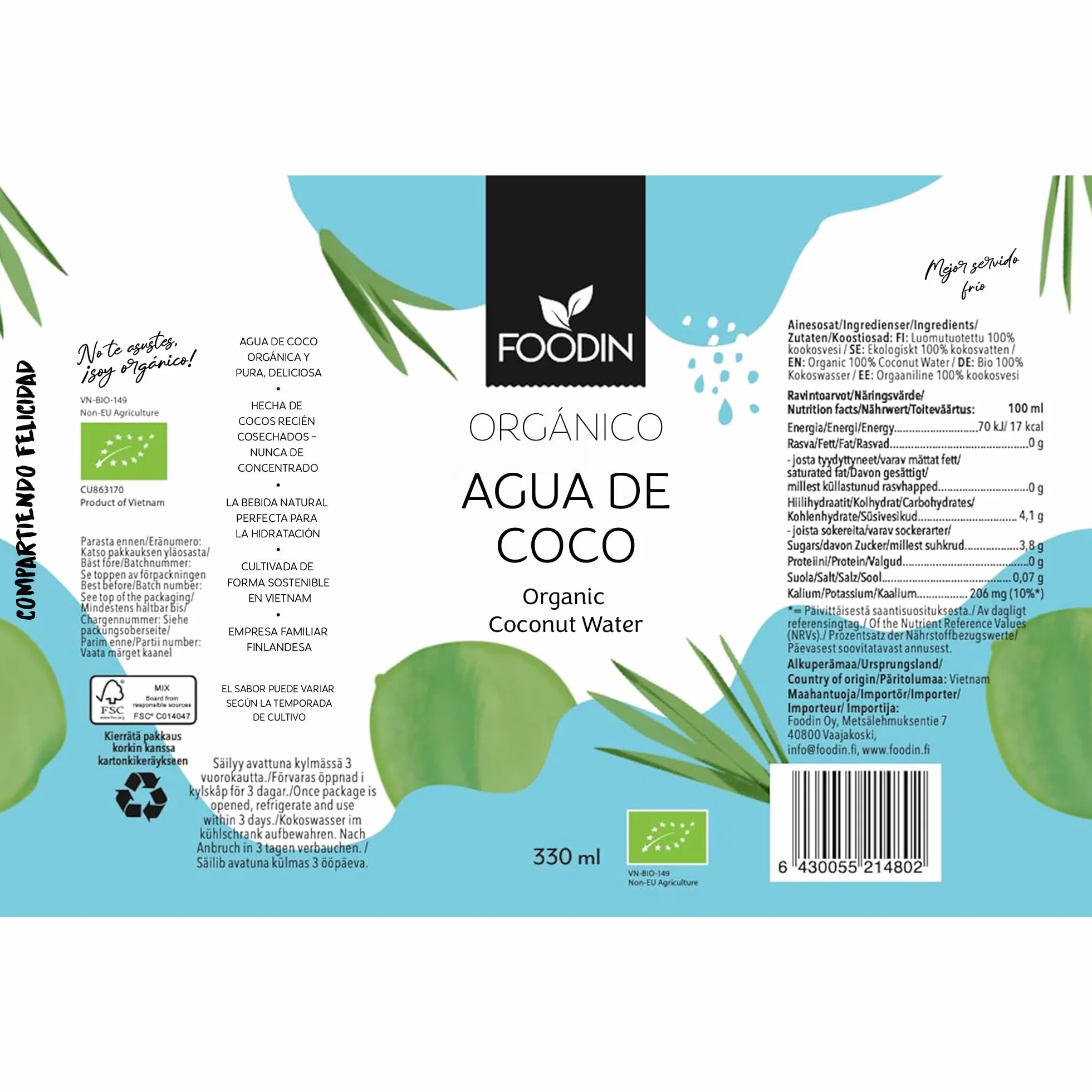 Foodin Agua de Coco Orgánica con Electrolitos, Sin Gluten, Sin OGM, Paquete de 12 (12x330ml)