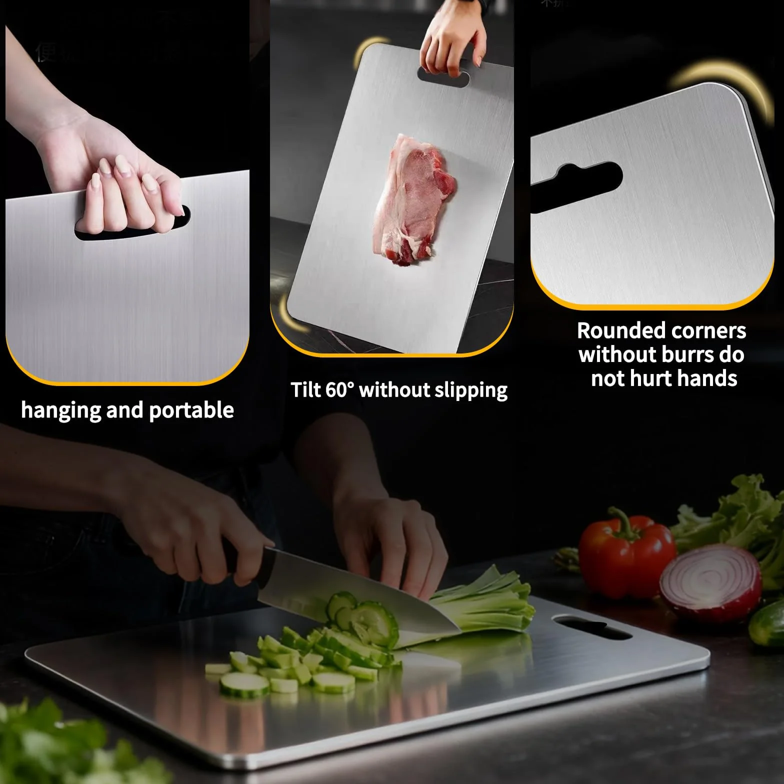 Set de Tablas de Cocina Antideslizantes Resistentes a Arañazos, Higiénicas y Lavables en Lavavajillas, 3 Tablas de Titanio (39x28+34x23+29x20cm)