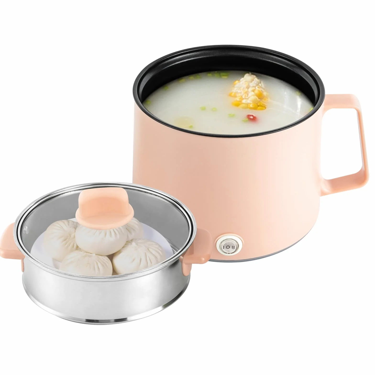 Olla eléctrica antiadherente 17x17x25 cm 1,7L tapa de cristal vaporera multiuso para avena pasta rosa
