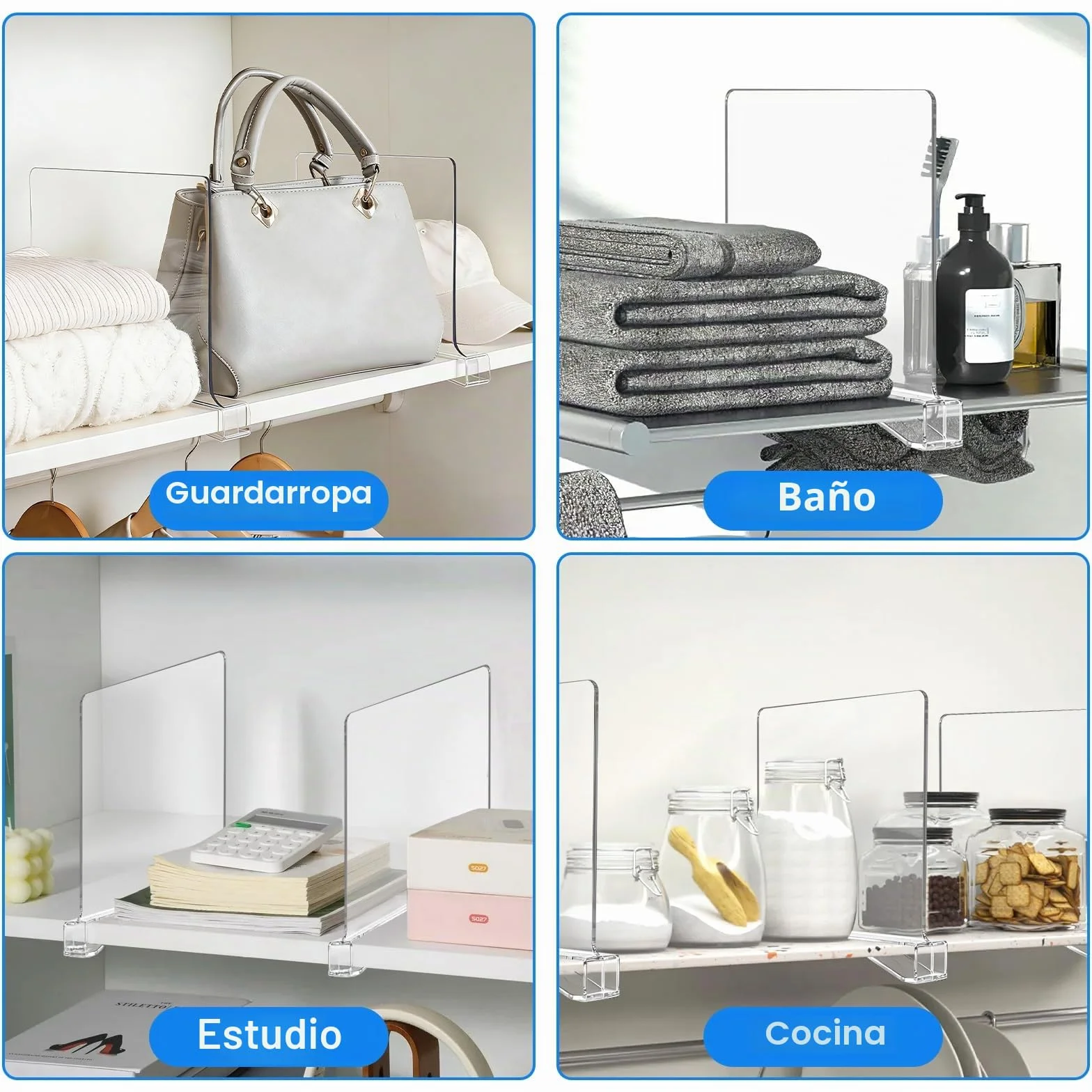 8 Piezas Separadores de Estantes Acrílicos Transparentes, 30 X 20cm,Baldas Armario Interior,Acrílico Transparente Separador Estanteria,Eparador Multifuncional para Armarios, Muebles y Estantería