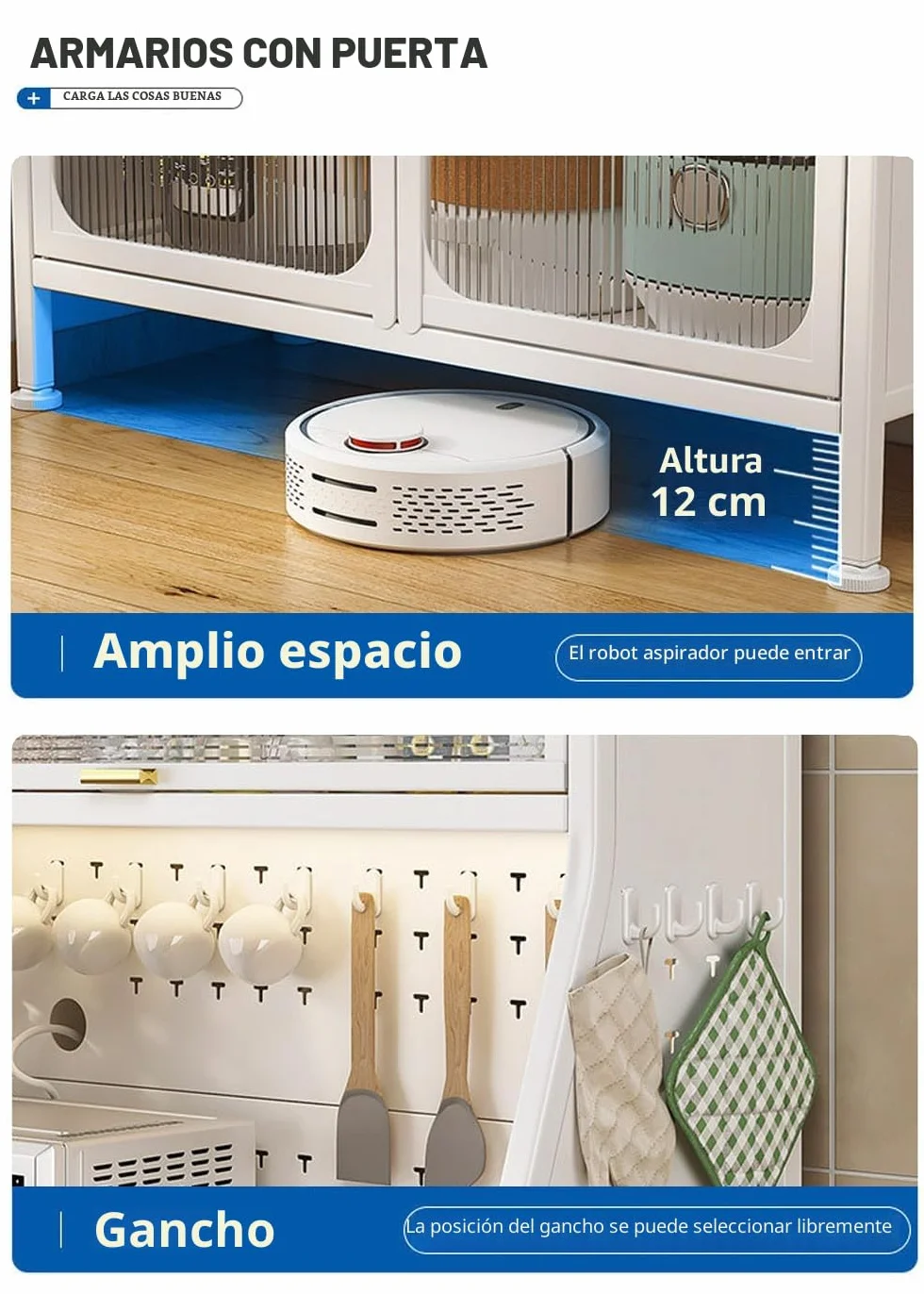 Armario de Cocina, Mueble Auxiliar De Cocina, 5 Niveles Aparador, con Orificio para Cables, con Ganchos Ruedas, Puerta Magnética, Color Blanco(66x36x164cm)