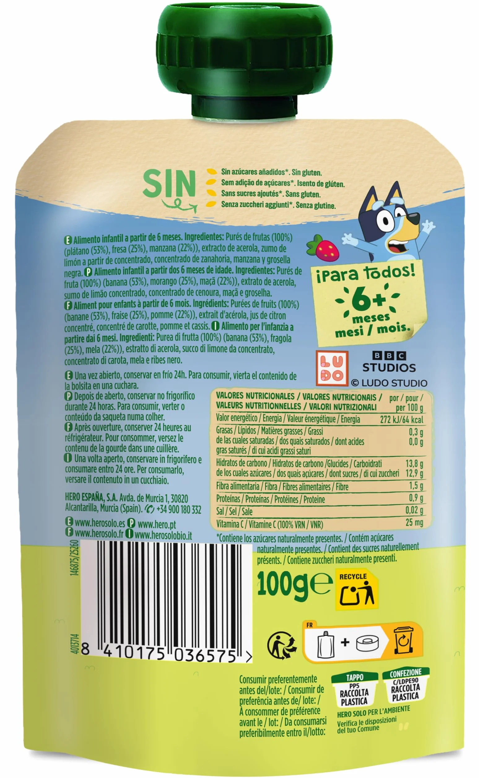 Hero Solo Bolsitas con Plátano Fresa y Manzana para Bebés 6 Meses Pack 18 x 100 g