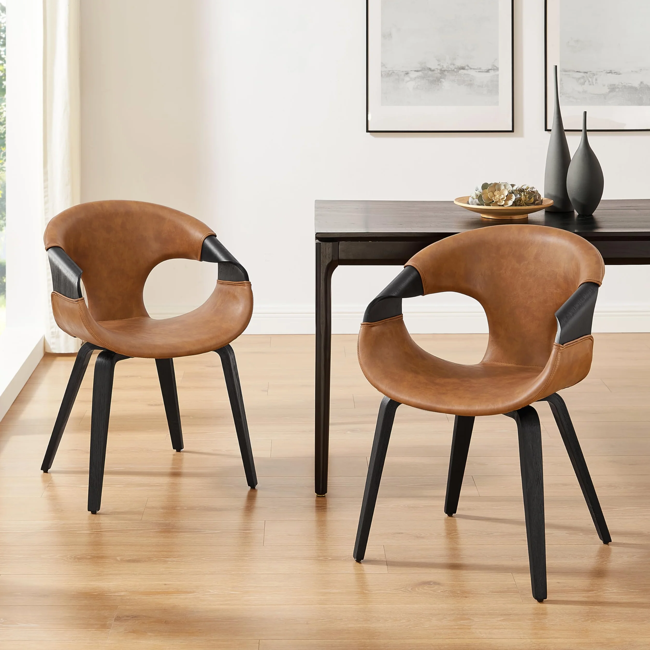 Zouron - Silla de comedor (estilo de madera curva), juego de 1,sillón moderno marrón, silla tapizada de piel sintética, silla de salón con respaldo, silla de cocina, silla de oficina en casa