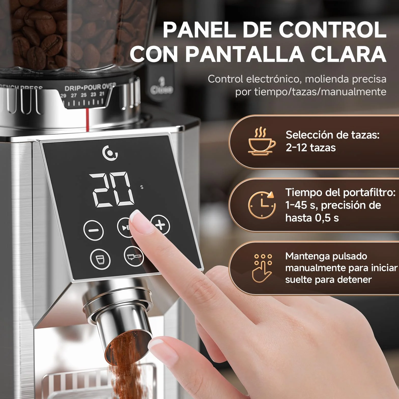 AMZCHEF Molinillo de Café Eléctrico para Espresso, 45 Ajustes de Molienda, Muelas Cónicas de Acero Inoxidable, Soporte para Portafiltros Ajustable, Panel Táctil LED, Tecnología Anti-Stática