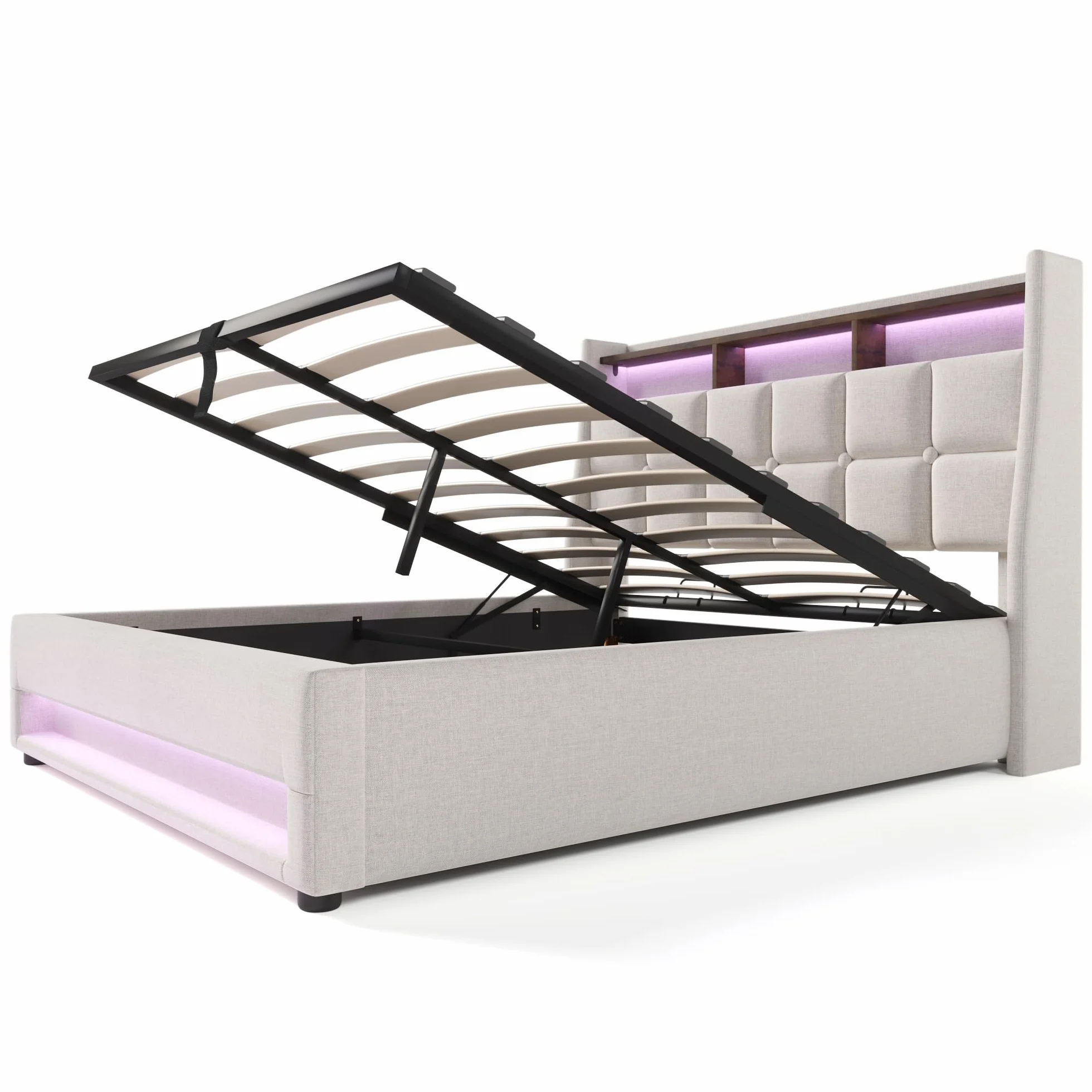 Cama 140x200 cm Cama Matrimonio, Cama Juvenil con Cabecero LED y Carga USB, Camas Matrimoniales con Almacenaje Hidráulico, Estructura Cama Doble con Lamas de Madera, Lino Beige, Sin Colchón