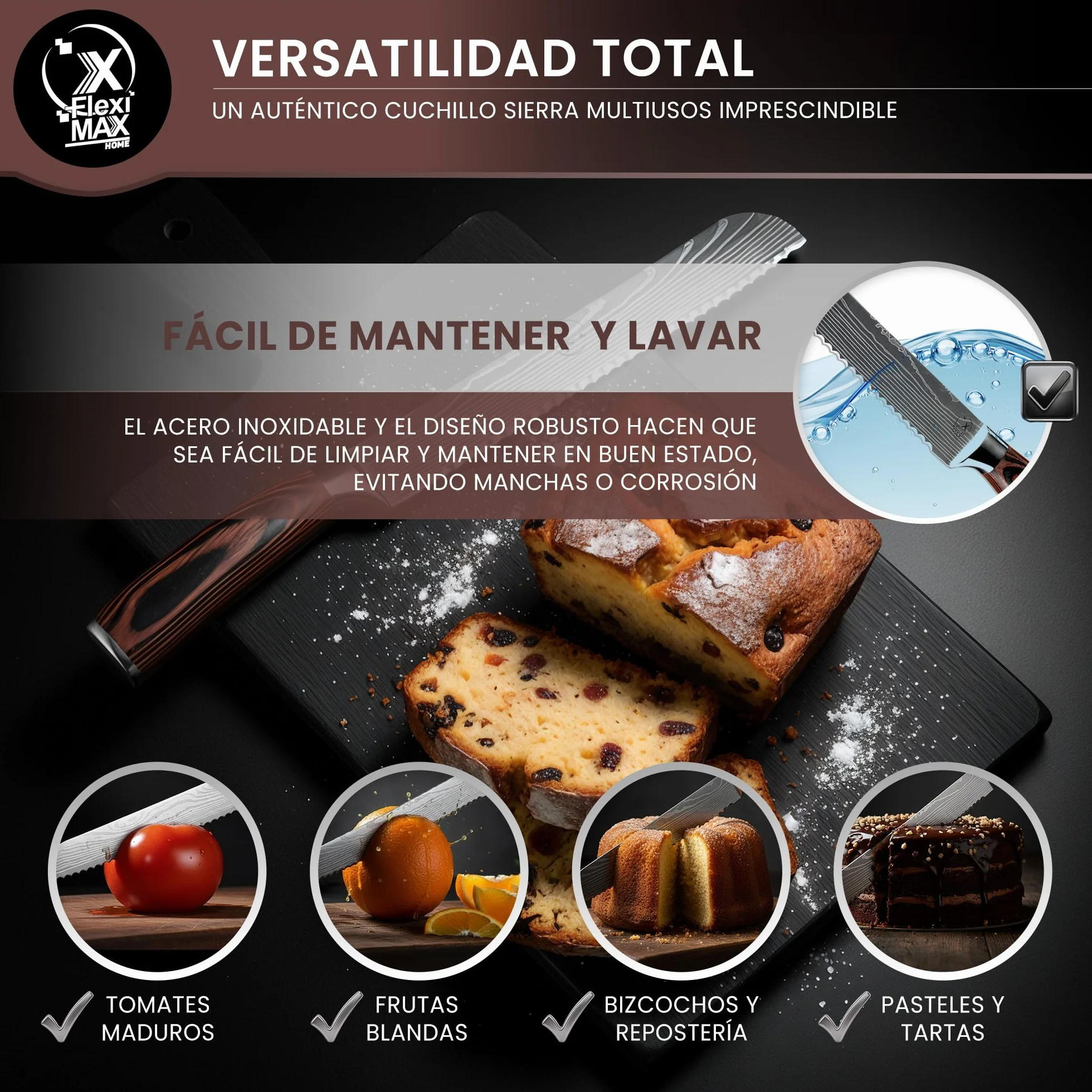 Cuchillo de Pan Profesional 20 cm Cuchillo de Sierra para Pan Crujiente y Baguette Cuchillo de Cocina de Acero Inoxidable con Mango de Madera Ergonómico Cuchillos cocina Profesional