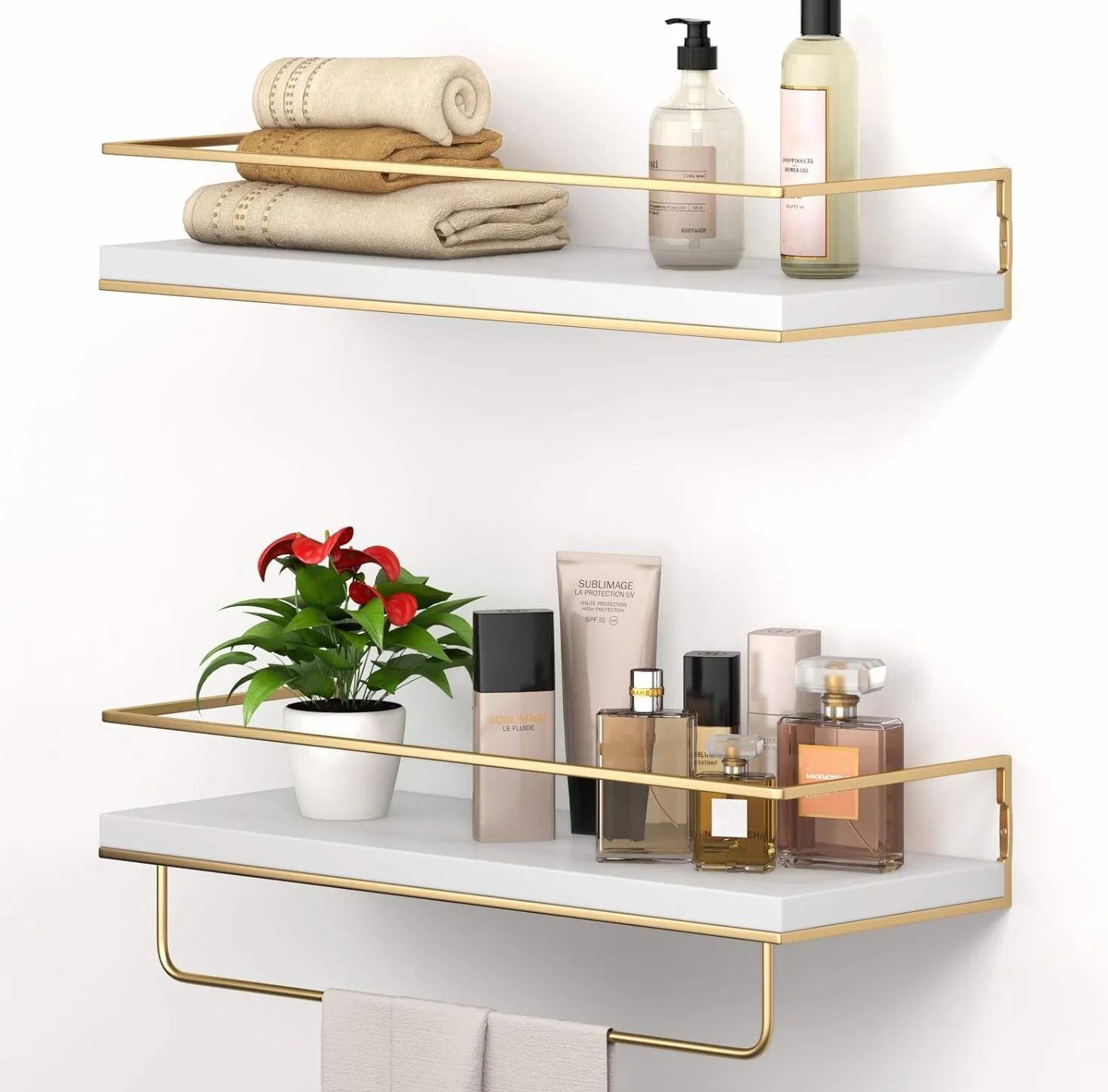 Shario Estantes flotantes blancos juego de 2 estantes colgantes montados en la pared con toallero dorado estantes decorativos de almacenamiento para baño cocina sala de estar y dormitorio (blanco)