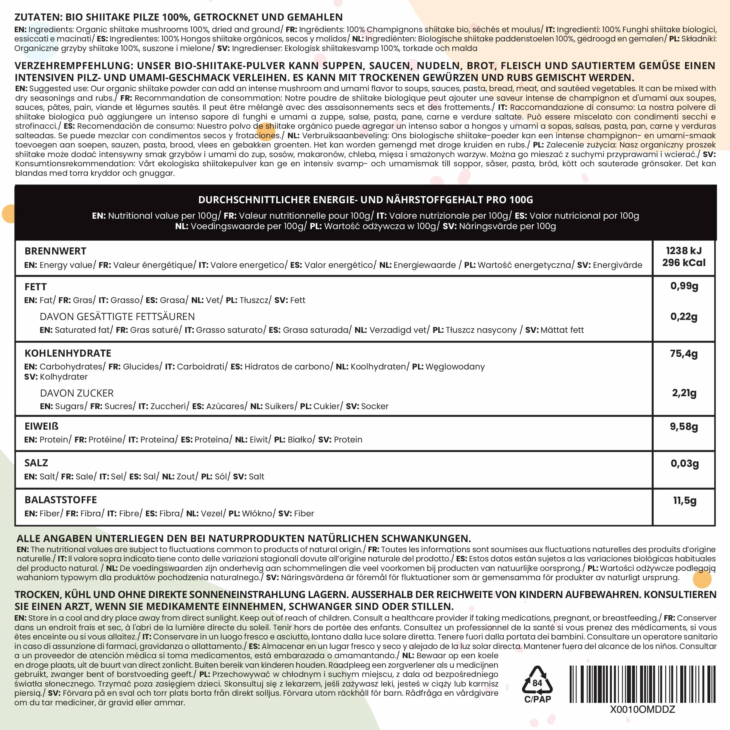 Setas Shiitake Orgánicas Molidas 125g Polvo Deshidratadas para Cocinar