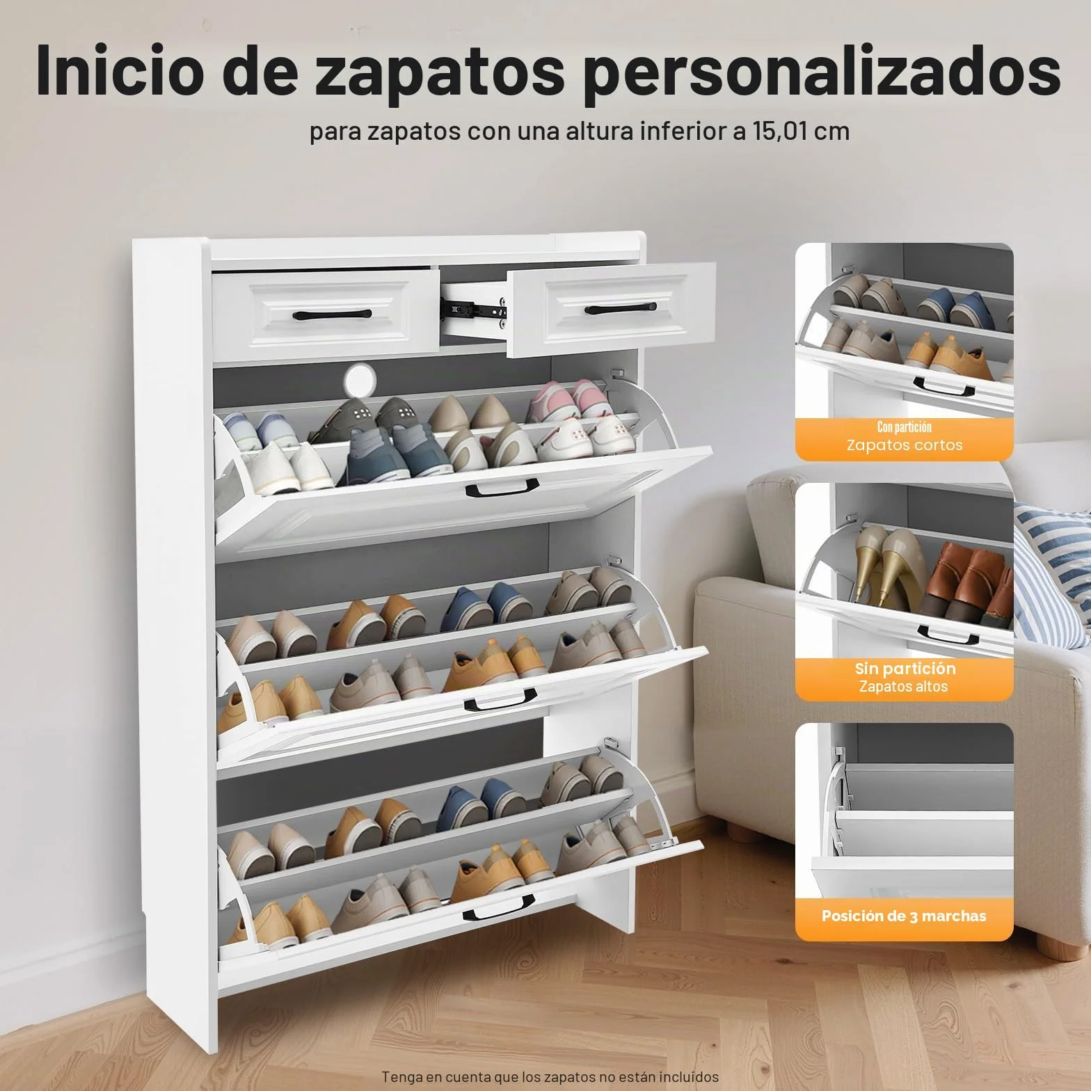Zapatero estrecho de 80 x 24 x 120 cm, para 16 – 20 pares, zapatero blanco con 3 puertas abatibles, 2 cajones y estantes ajustables en altura, estrecho para pasillo, vestíbulo, salón