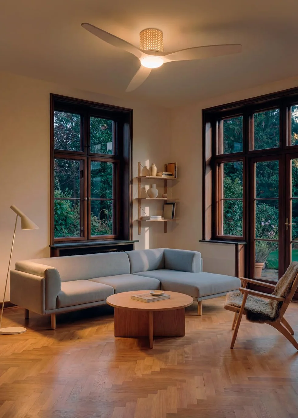 CREATE / WIND CALM CUSTOM RATTAN/Ventilador de techo con luz ratán claro aspas madera natural blanco con mando / 40W, Doble luz, Ø132 cm, luz LED 3 temperaturas, función verano-invierno