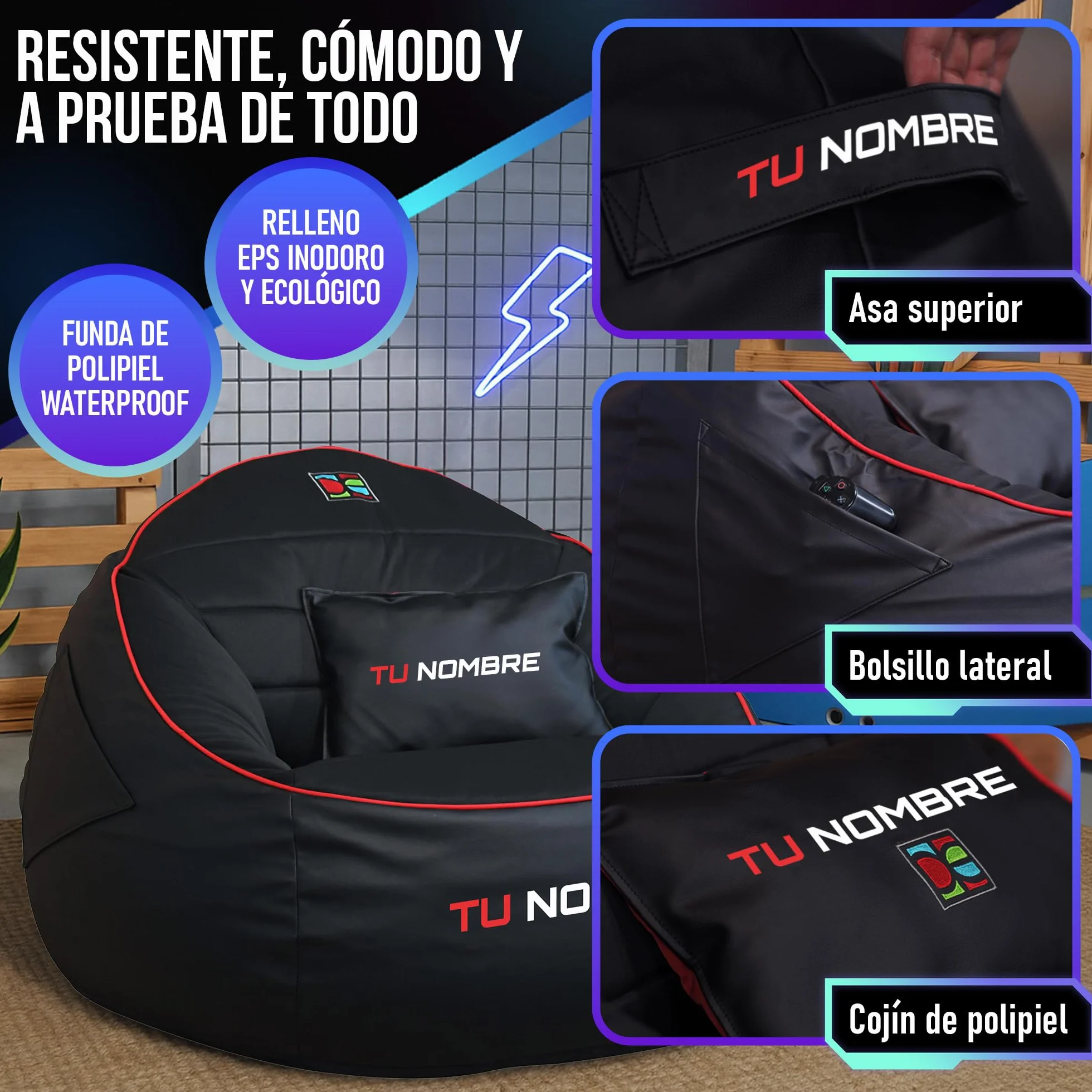 DECORESTOR Puff Gamer Personalizado con Nombre - Relleno y Respaldo Incluidos - Bean Bag XXL Gigante - Regalo para Niños y Adultos - 100% Polipiel