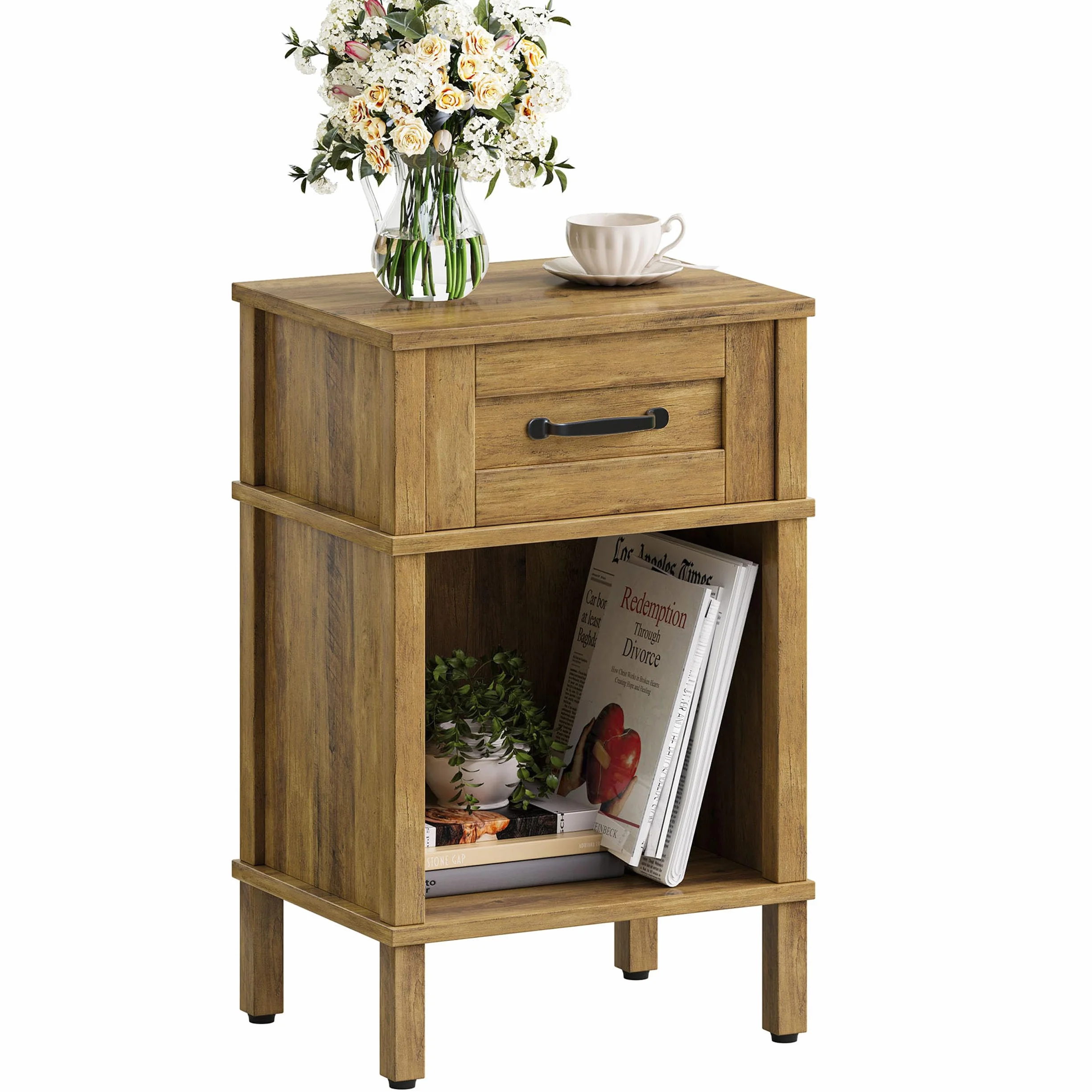 Mesita de Noche de Madera Mesita Auxiliares con Cajones Compartimento Abierto Moderna Minimalista Bedside Table Dormitorio Sala de Estar Marrón rústico LET512DR