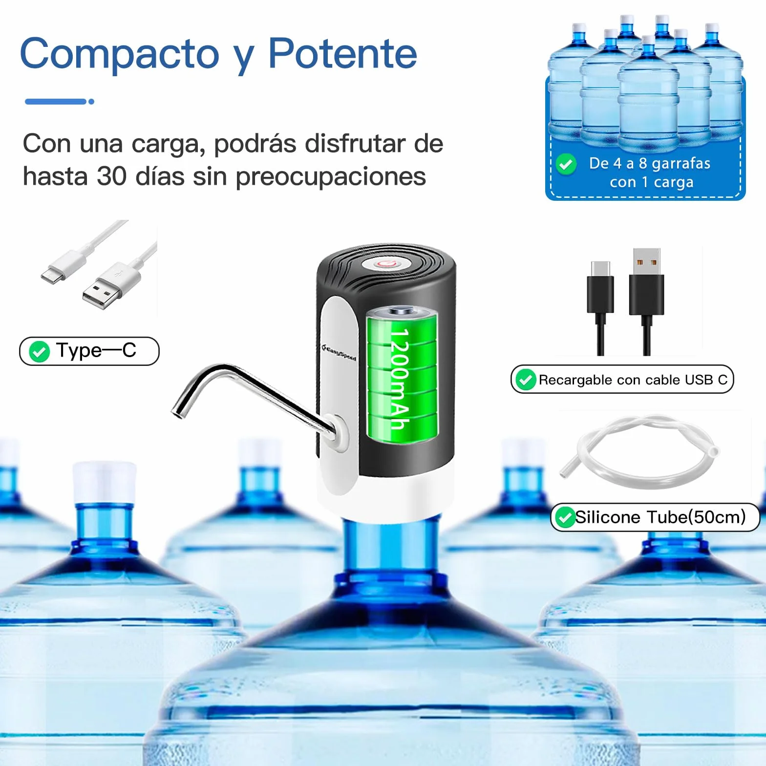 EASYSPEED Dispensador de Agua eléctrica USB-C, Bomba automática portátil con 2 adaptadores para Botellas y garrafas de 5, 8, 10, 15 y 20 litros, 1200mAh para Camping Oficina Gimnasio, Negro