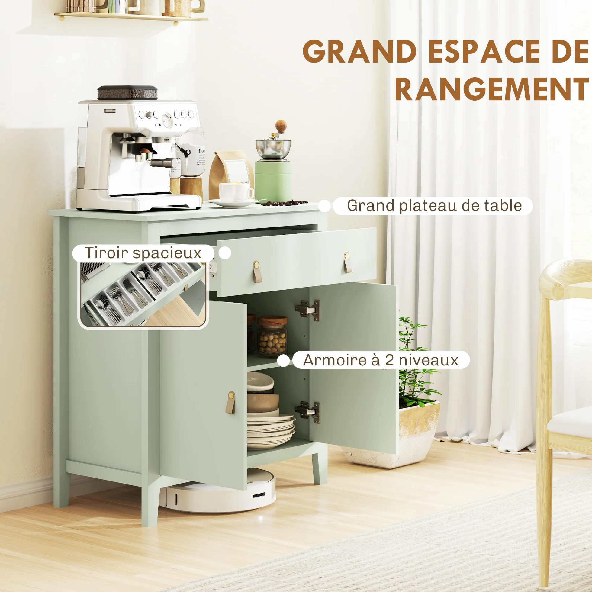 HOMCOM Aparador de salón, Mueble de almacenaje con cajón, Puerta Doble, Estante Regulable, Tiradores de PU, Estilo Moderno, aparador de Comedor y Cocina, 80 x 40 x 90 cm, Verde Claro