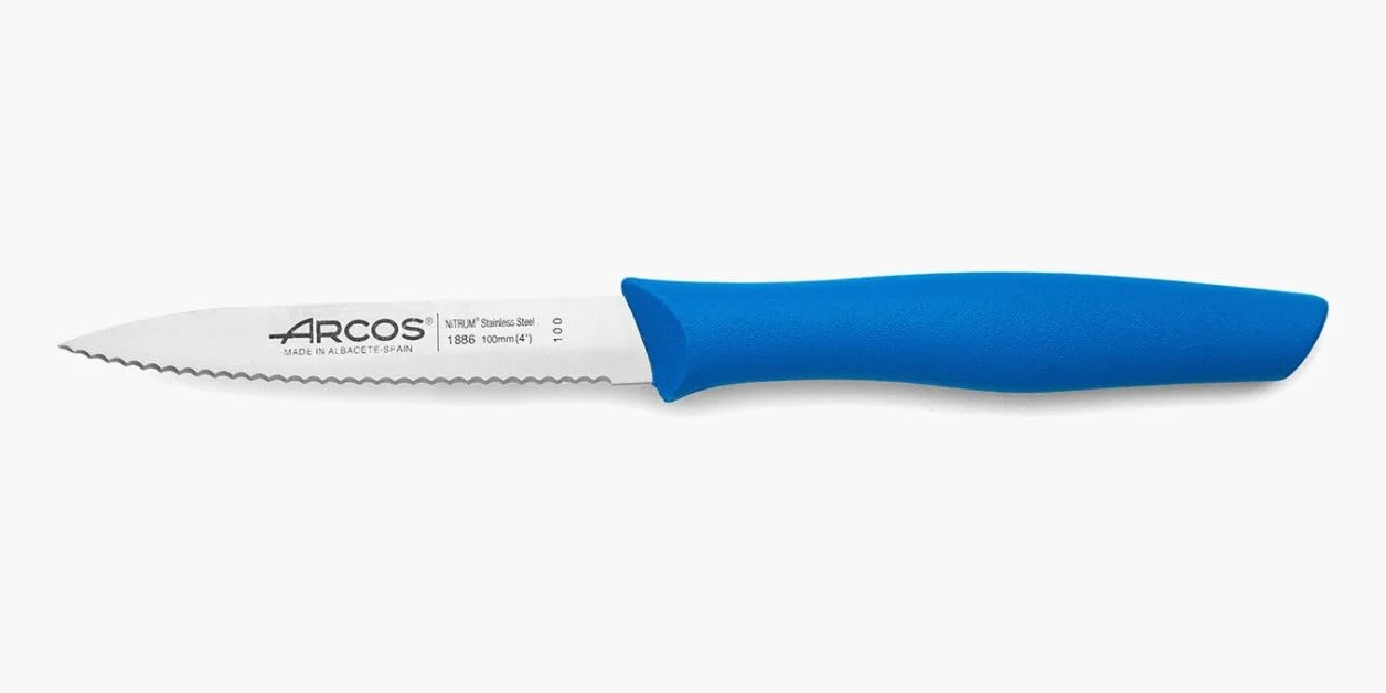 Arcos Cuchillo Mondador Serrado 100 mm Acero Inoxidable NITRUM Mango Antideslizante Azul Serie Nova