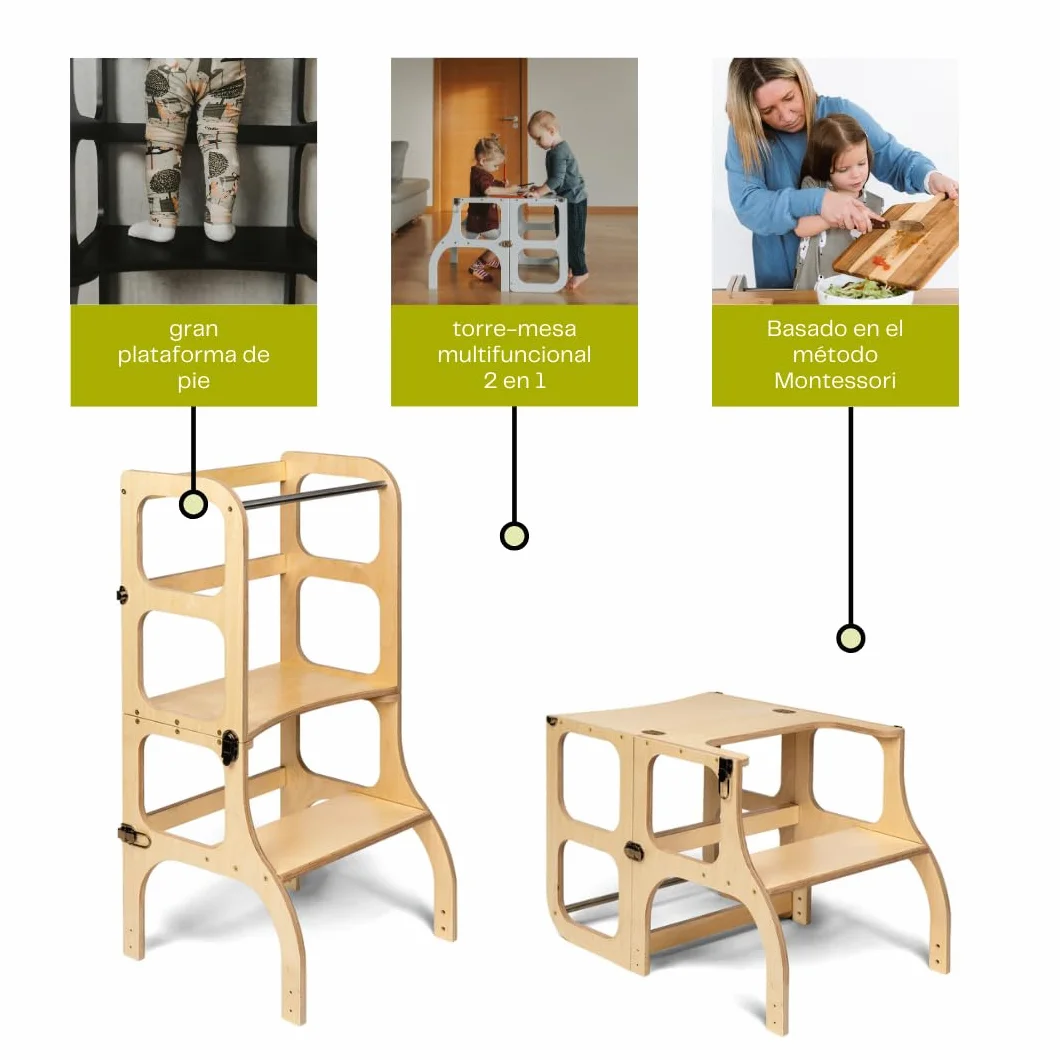 Ette Tete Step’n’Sit® Montessori Torre Mesa de Aprendizaje Convertible 2 en 1 con Cierres de latón Antiguo Madera