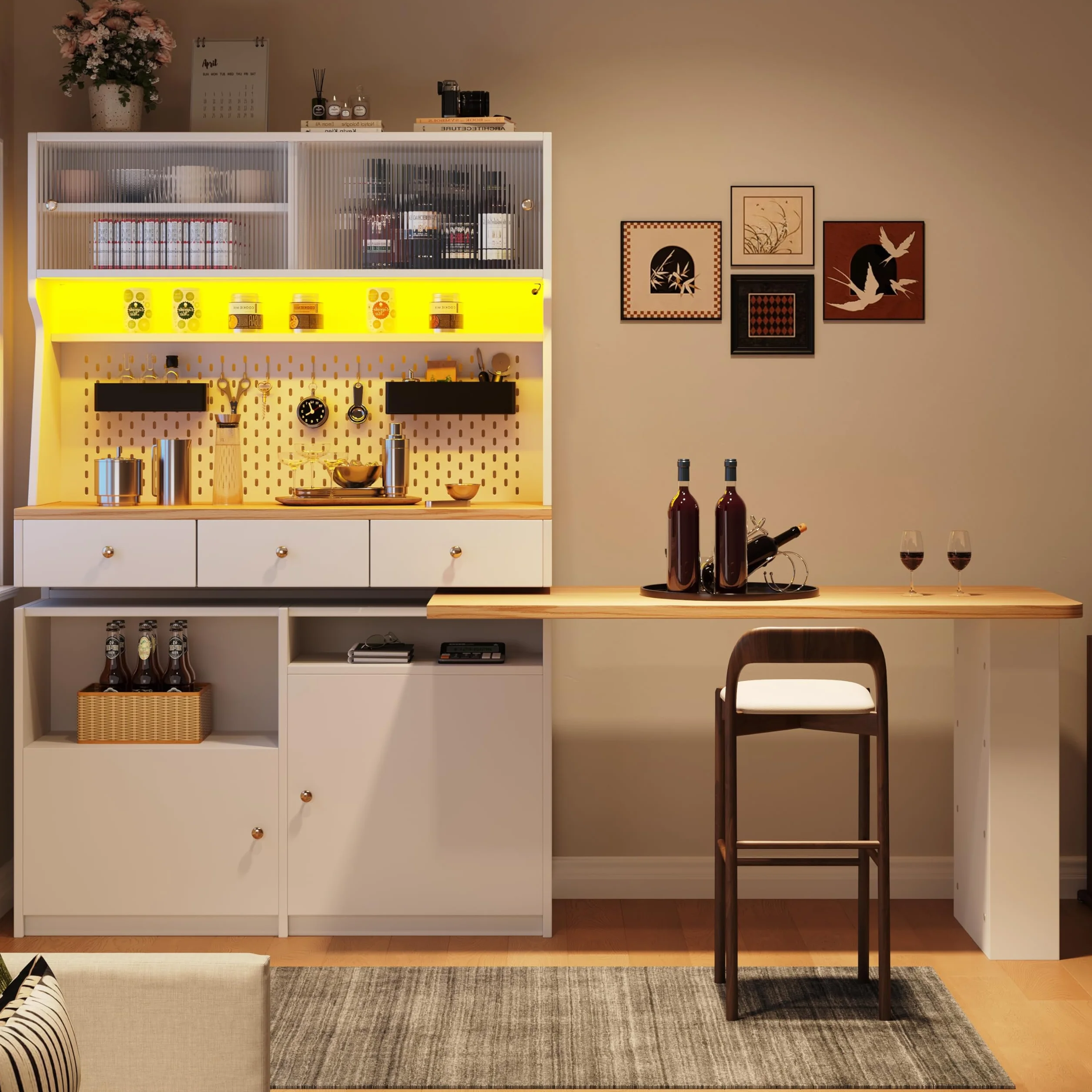 Moimhear Armario de cocina (137x45x178 cm), buffet de cocina alto, buffet multiusos, armario de mesa, armario de almacenamiento con dos puertas y tres cajones, blanco+madera