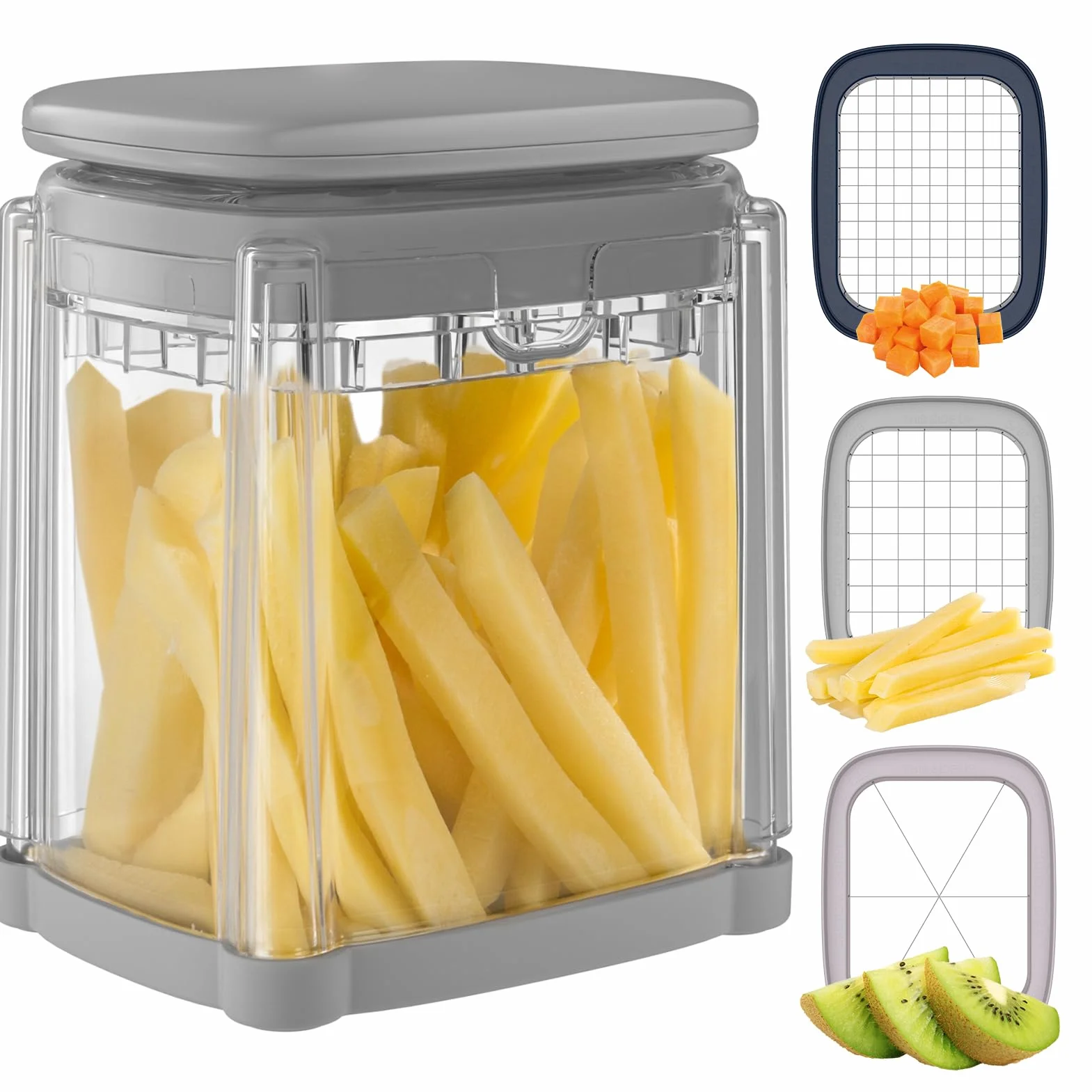 Cortador de Patatas, Corta Patatas Fritas con 3 Cuchillas de Acero Inoxidable, Corte Rápido Corta Cebolla, Cortador de Verdura Multifuncional para Verduras y Frutas(Gris)