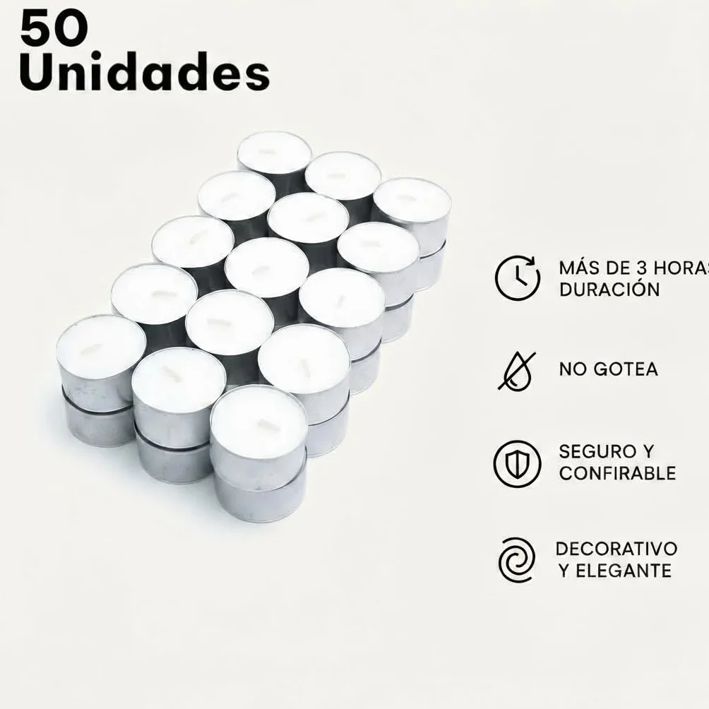 Velas de te Blancas | Pack velas de 50 Unidades | Velas de Té Calientaplatos | Tealight | 3 Horas de Duración | Velas Decorativas Sin Perfume | (50)