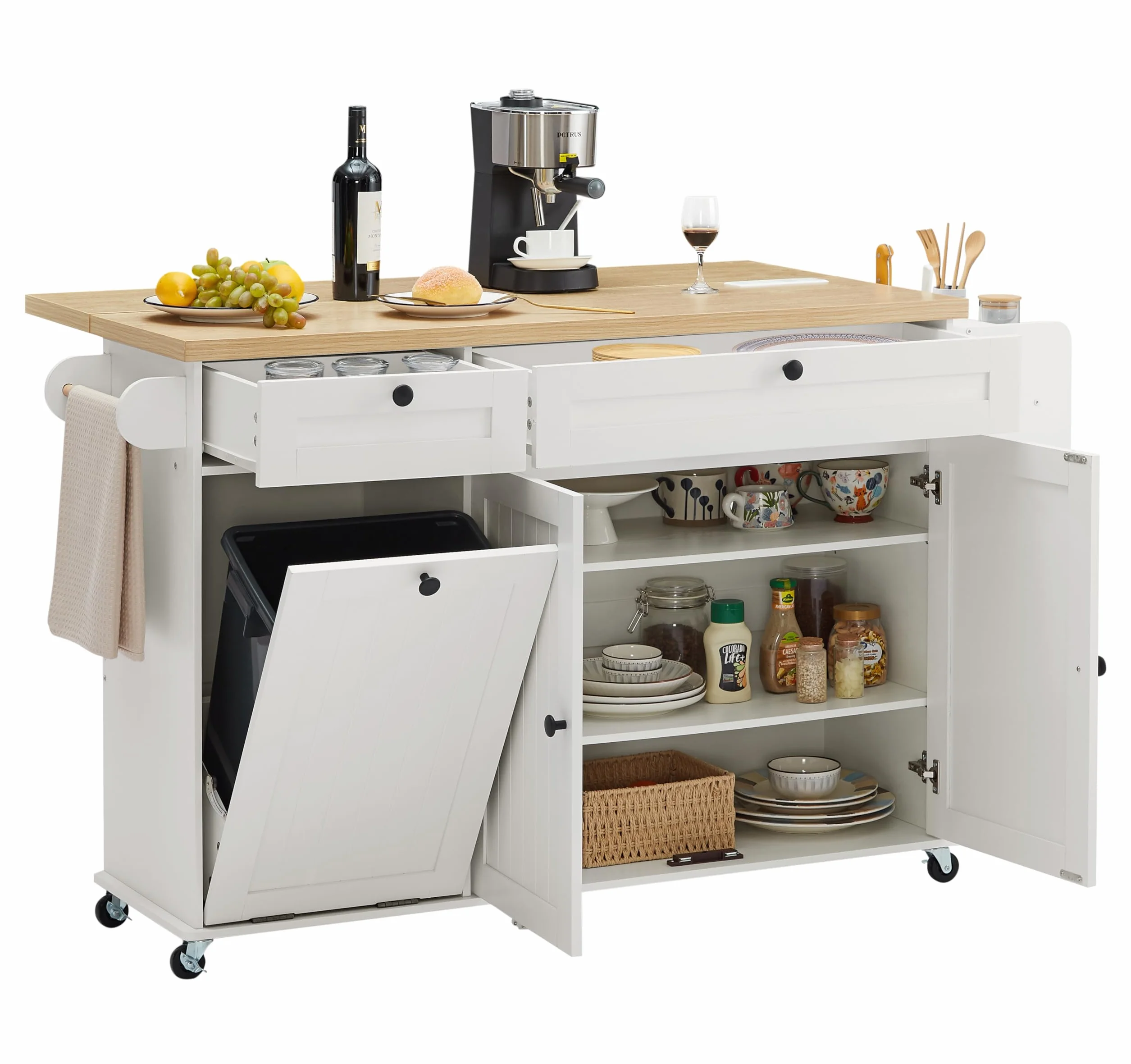 Isla de cocina de 60 pulgadas con toma de corriente y hoja de caída, isla rodante de cocina con estante para especias y toallero, soporte para cuchillos, carrito de isla de cocina con armario de