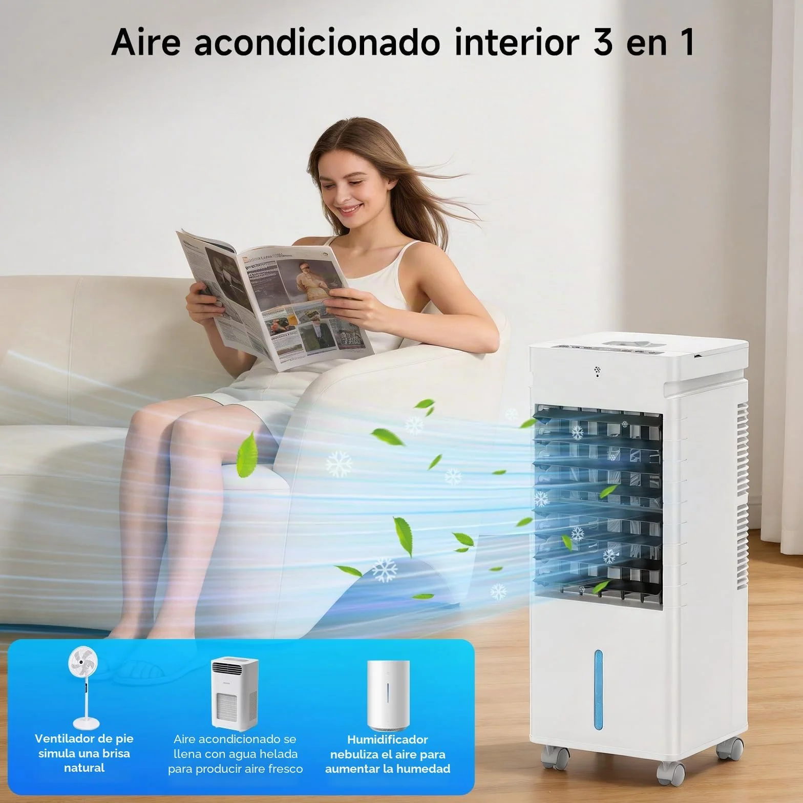 Aire Acondicionado Portátil, Enfriador de Aire por Evaporación con Ventilador de 20W, Depósito de 12L y Cristales de Hielo – 3 Modos, 12 Velocidades, Oscilación, Temporizador y Mando a Distancia
