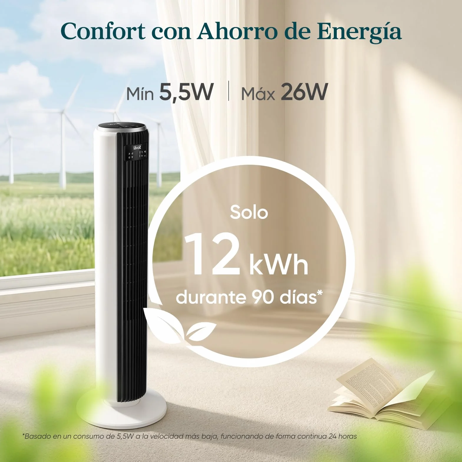 LEVOIT Ventilador de Torre 26W Motor DC 7.9m/s Silencioso 12 Velocidades Temporizador 12H Oscilación 90° Blanco