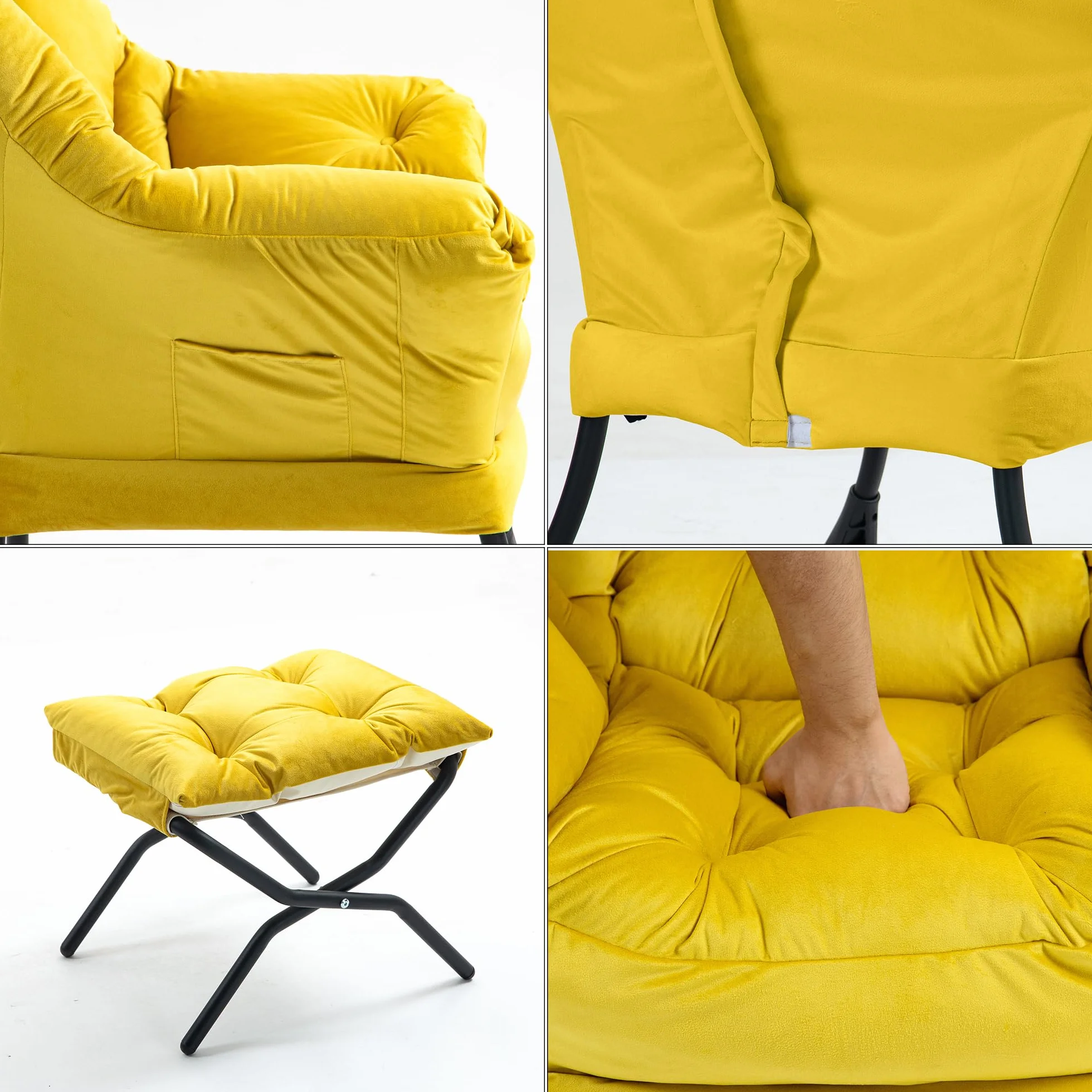 TIANSHU Sillon Relax Sillón con Reposapiés, Sillones para el Salón de Terciopelo, Butaca con Soporte para el Cuello Sillon Lectura Patas de Metal Butaca Dormitorio Sillón Tapizado (Amarillo)