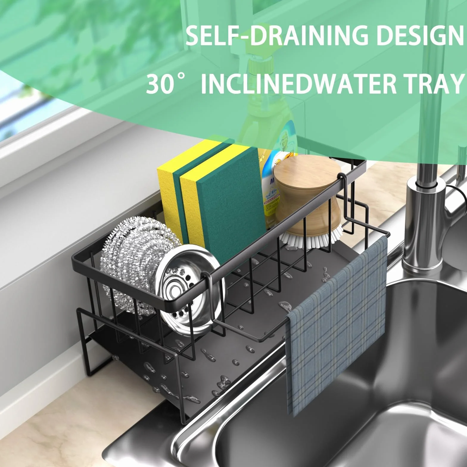Wenrescry Organizador para Fregadero de Cocina con Bandeja de Drenaje autodrenante y Soporte para Trapos, Ideal para Cocina y baño, Organizador para cepillos, esponjas, jabón y más
