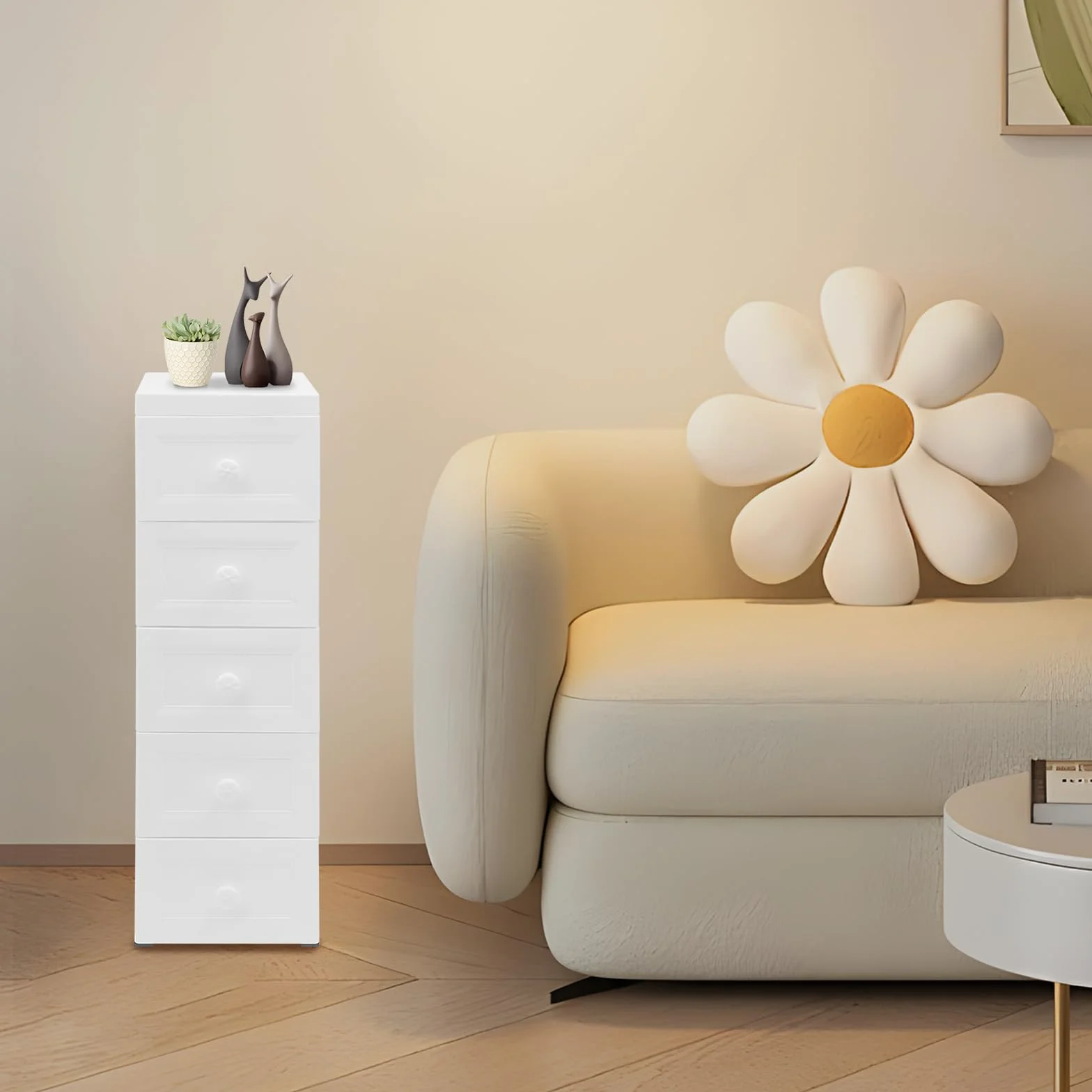 Armario estrecho con 5 cajones, 25 cm de ancho, de polipropileno, con ruedas, armario de baño impermeable para salón, cocina, oficina, blanco