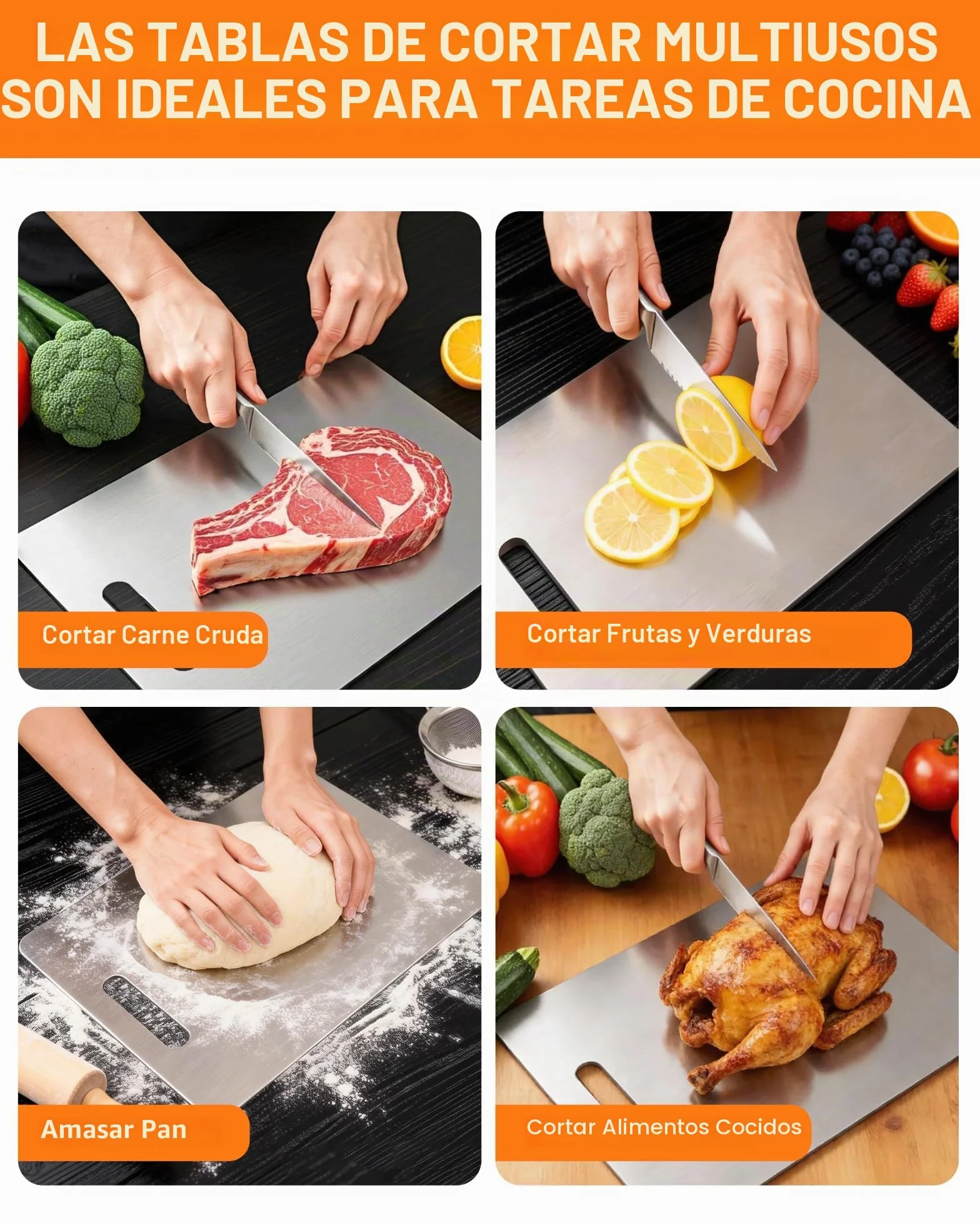 Set de 2 tablas de cortar de acero inoxidable – Tabla de cortar acero inoxidable de doble cara, ideal como tabla cortar cocina para carne, pan, gran superficie de corte (34 × 23 cm + 25 × 15 cm)