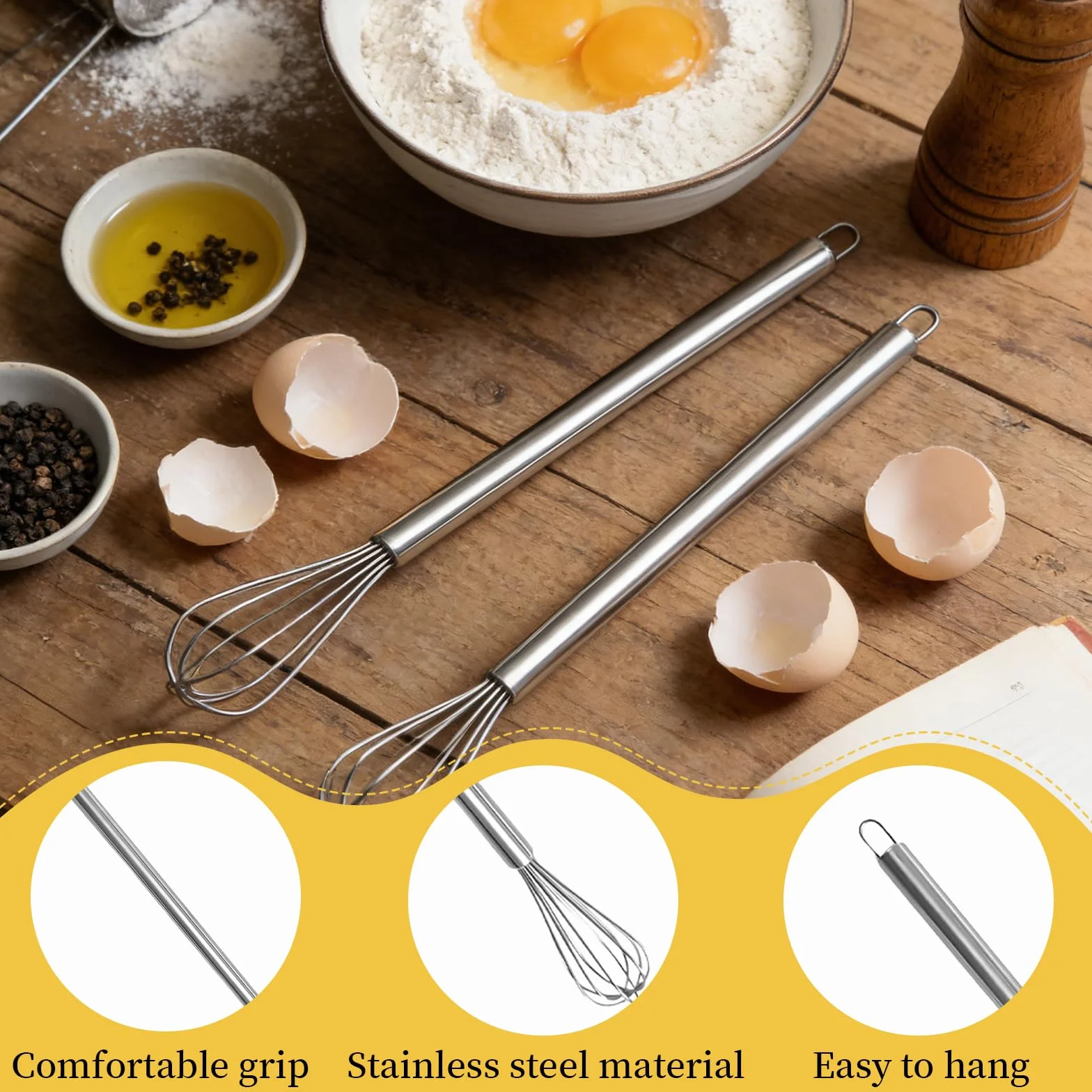 2 Piezas Varillas Cocina de Acero Inoxidable, Batidores Pequeños, Mini Batidora Manual para Tazas Adecuado para Mezclar Masa, Huevos, Batir Espuma y Batir Huevos