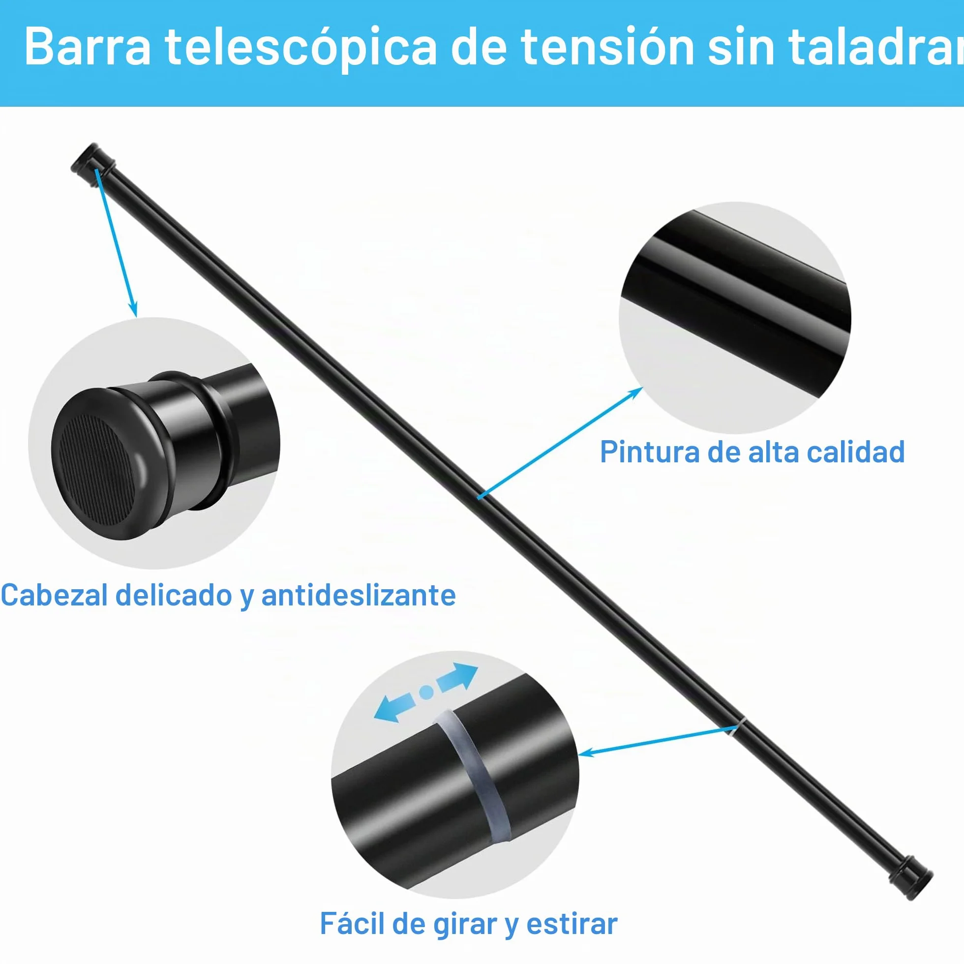 Barra de cortina extensible sin taladrar 66-90 cm blanco diámetro 25 mm para ventana baño