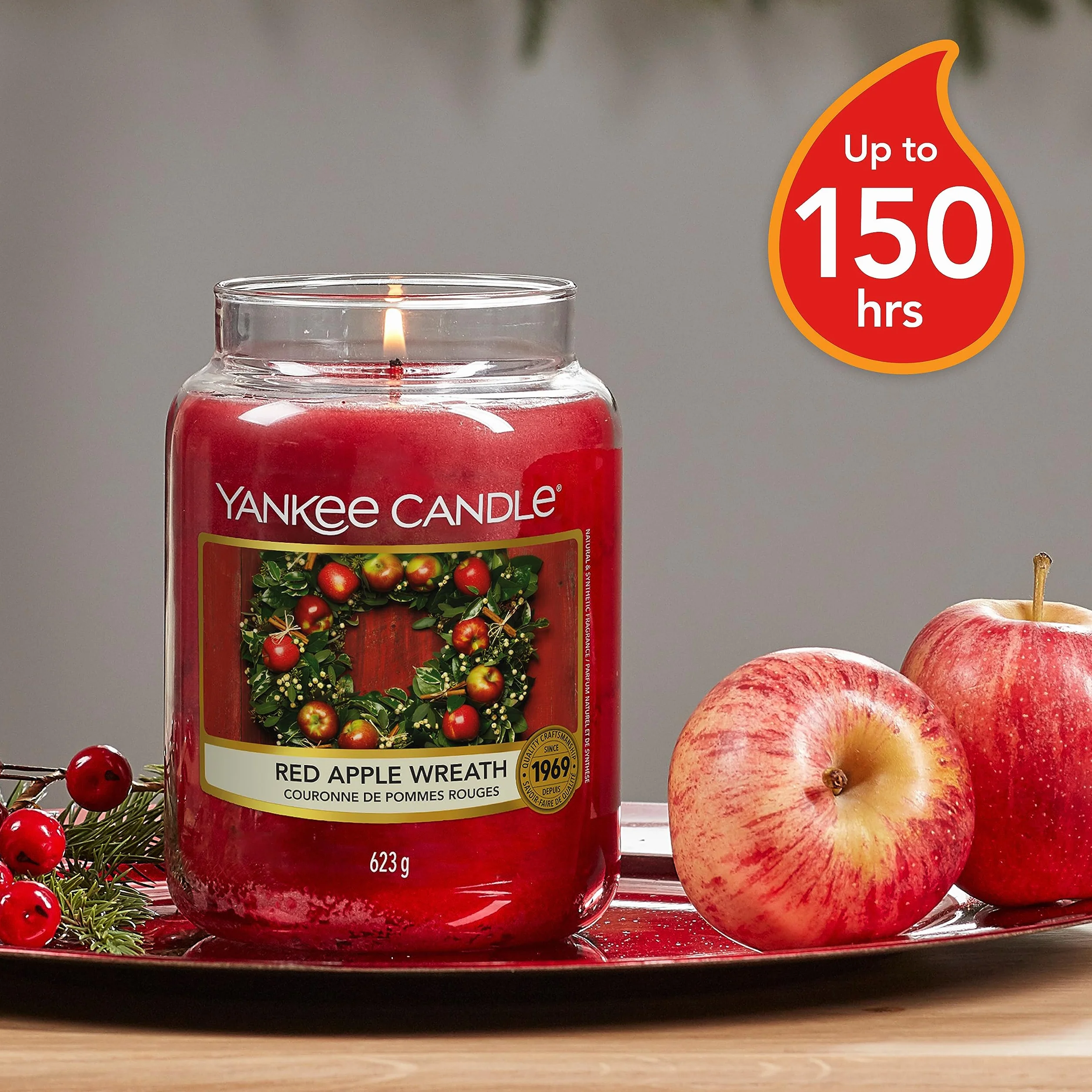 Yankee Candle Red Apple Wreath vela en tarro grande, larga duración 150 h, regalo para mujer