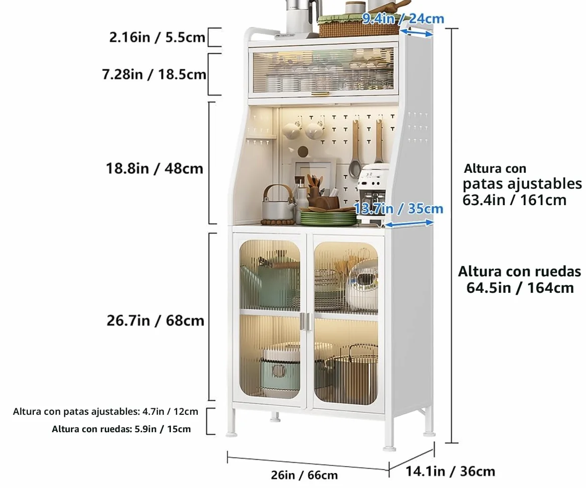 Armario de Cocina, Mueble Auxiliar De Cocina, 5 Niveles Aparador, con Orificio para Cables, con Ganchos Ruedas, Puerta Magnética, Color Blanco(66x36x164cm)
