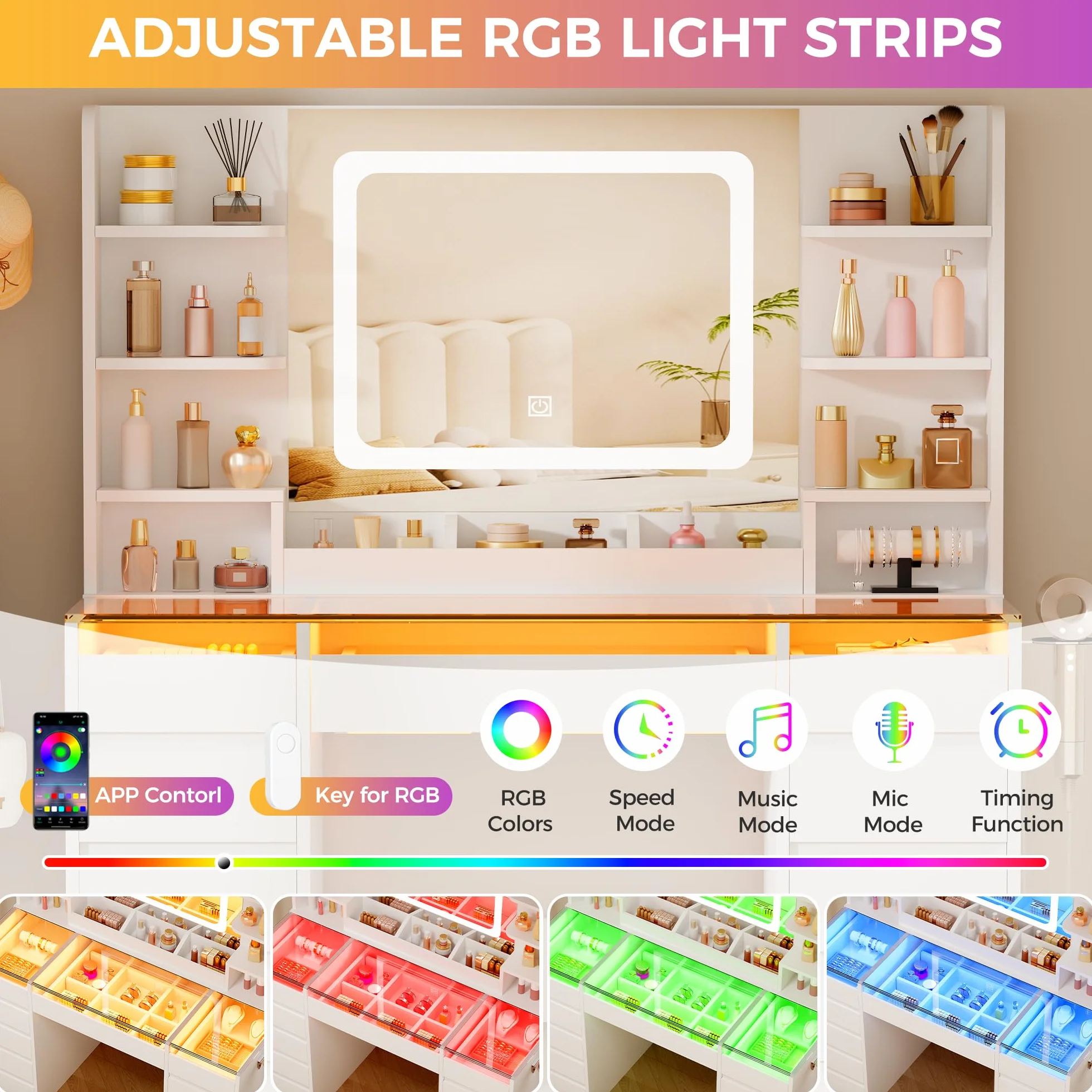 BEWISHOME Tocador de Maquillaje con Espejo y Luces LED, Mesa de Maquillaje con Cubierta de Vidrio Transparente, 11 Cajones RGB, 6 Estantes, Tocador Maquillaje con Enchufes Moderno Blanco EFST57W