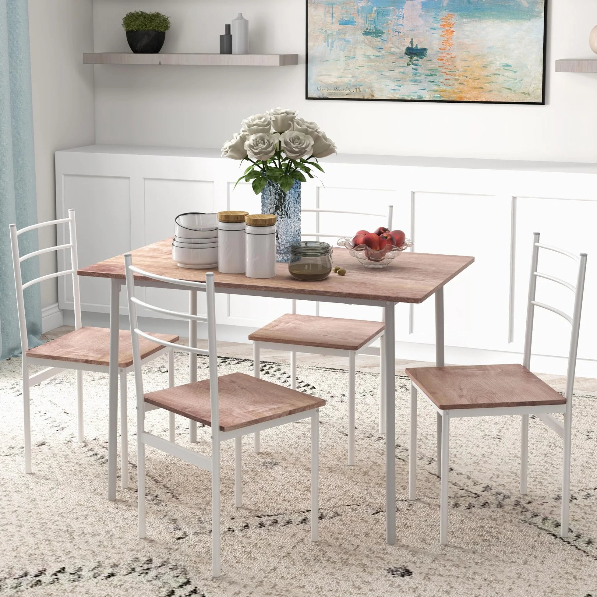 HOMCOM Conjunto de Comedor 5 Piezas Juego de 1 Mesa y 4 Sillas con Pies Acero para Cocina Restaurante 110x70x75 cm Madera Natural y Blanco
