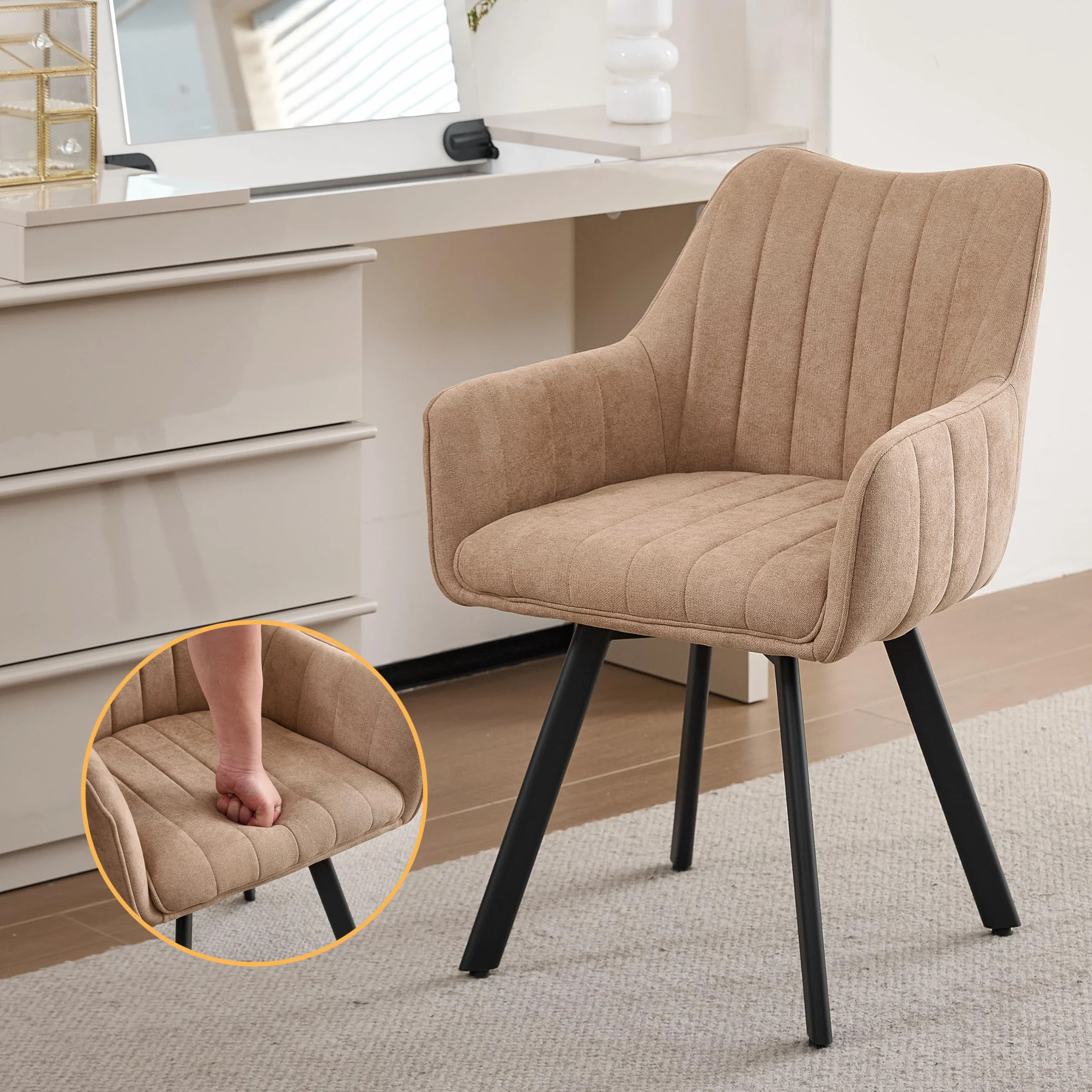 Juego de 6 Sillas de Comedor con Brazos, Sillas de Cocina Tapizadas en Lino, Patas Metálicas Giratorias 360°, Aptas para Comedores, Cocinas y Salas de Estar, Caqui