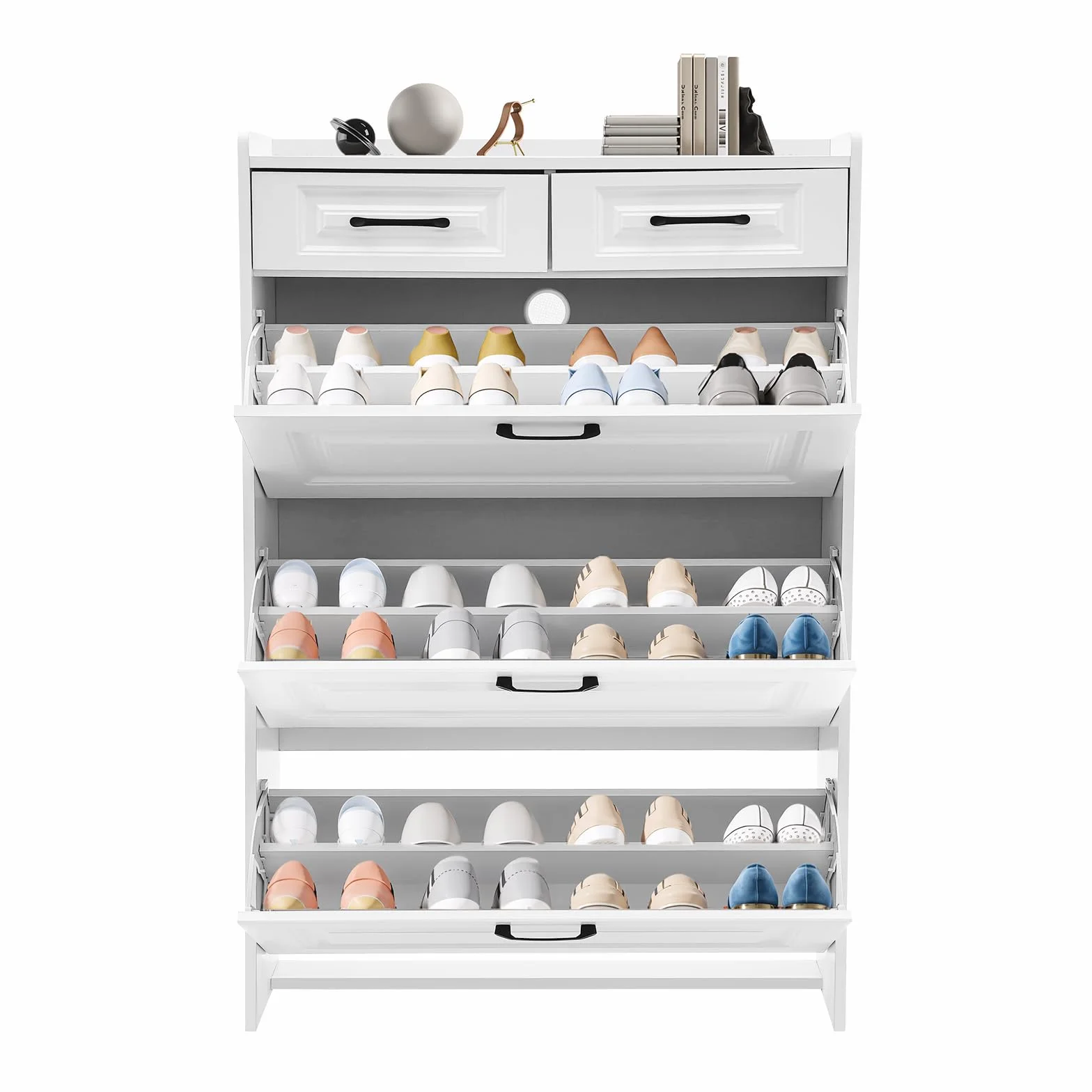 Zapatero estrecho de 80 x 24 x 120 cm, para 16 – 20 pares, zapatero blanco con 3 puertas abatibles, 2 cajones y estantes ajustables en altura, estrecho para pasillo, vestíbulo, salón