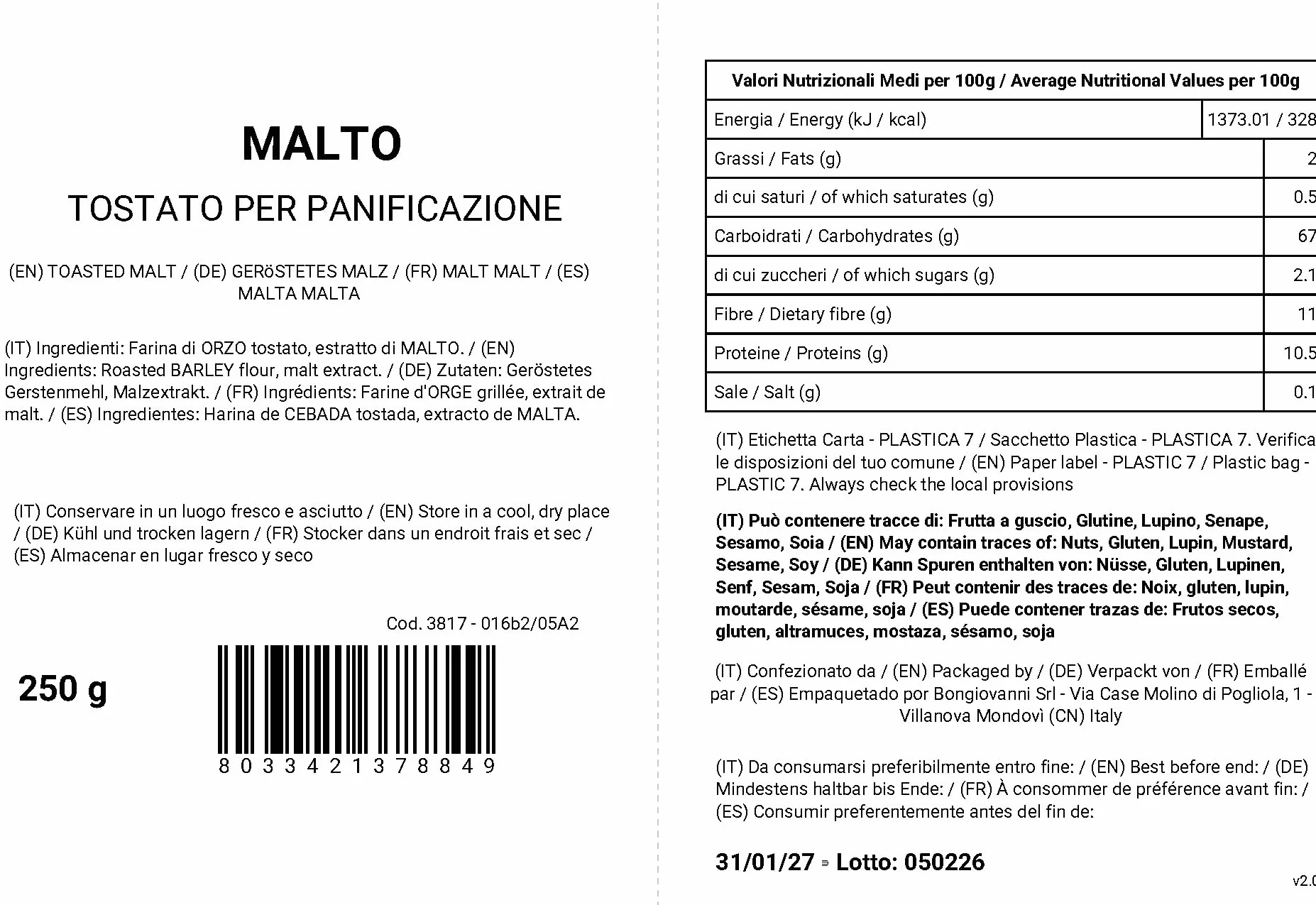 BONGIOVANNI FARINE E BONTA' NATURALI Malto tostato do panificazione 250g