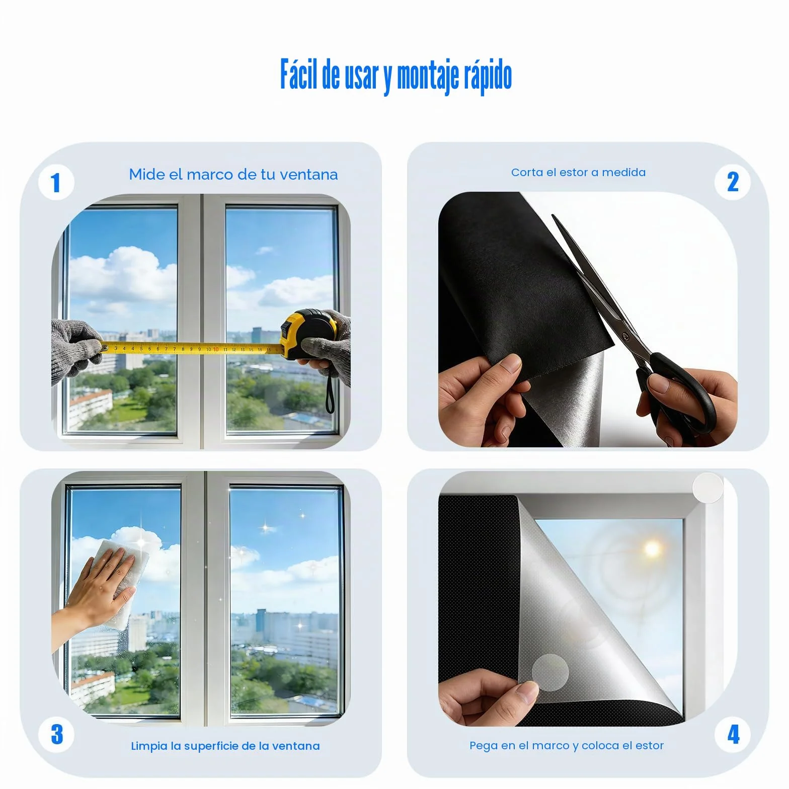 Estores Opacos sin Taladrar 300x145cm Tela Oscurecedora Protección Solar Blackout Portátil