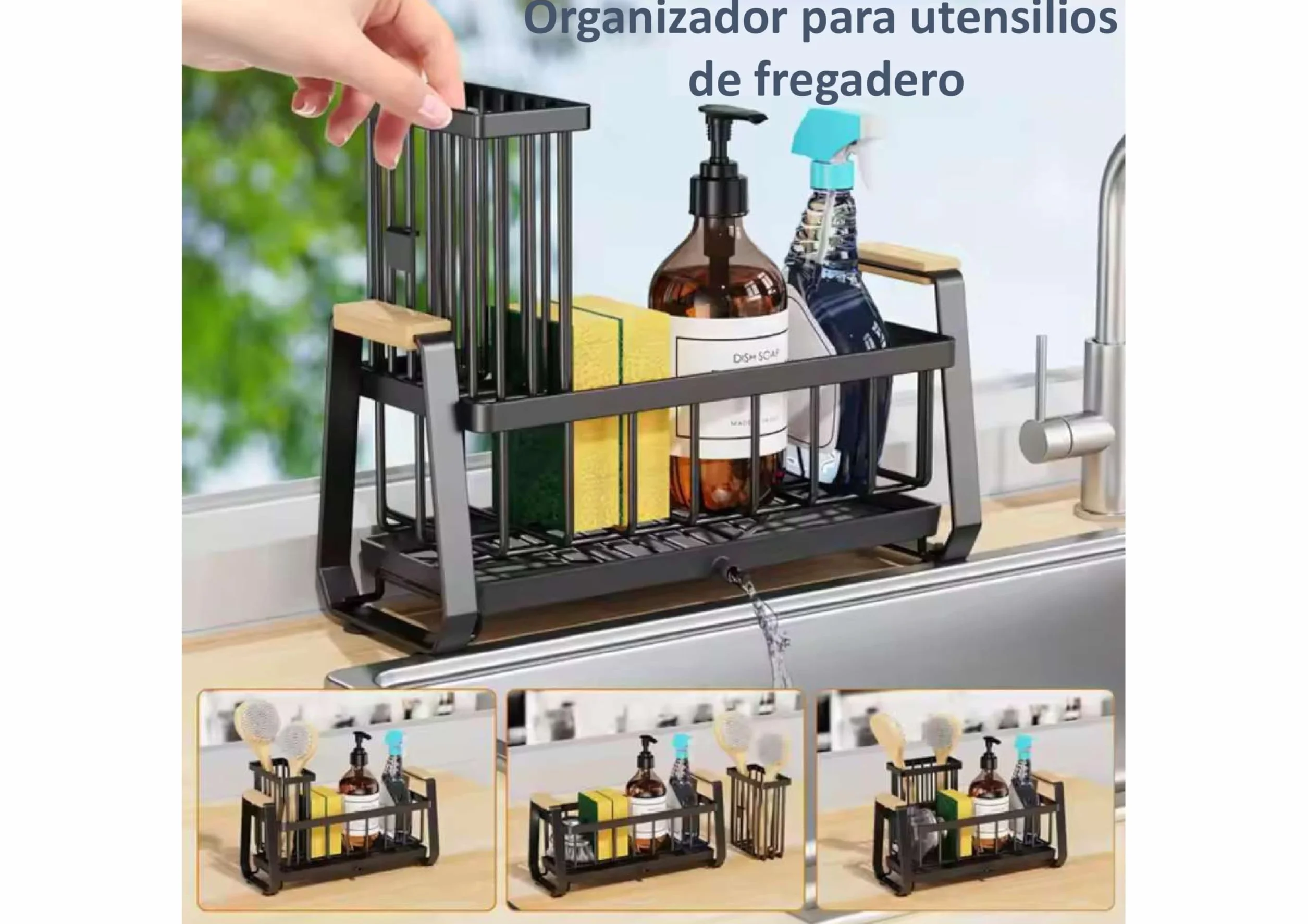 Organizador de Cocina para Fregadero con Desagüe, Escurreplatos para Esponjas, Estropajo y Jabón con Bandeja Autodrenante, Organizador Negro para Esponjas, Accesorios de Cocina