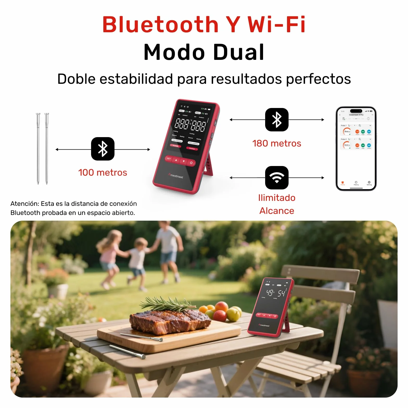 X Pro Termómetro para Carne con Bluetooth y WiFi, 2 Sondas 6 Sensores, Pantalla LED, IP69 Impermeable​, resistente al calor hasta 582°C, Termometro Carne para BBQ, Grill, Cocina, Asador