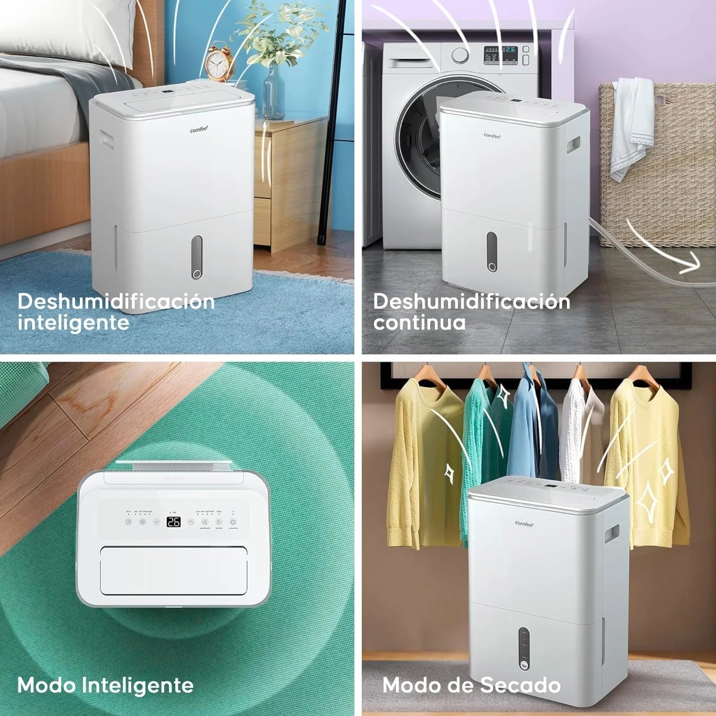 COMFEE' Deshumidificador de Humedad 16L Silencioso | WiFi/App, Modo Secado de Ropa y Auto Antihumedad, Purificador Eléctrico Antibacterias, moho y Condensación | Ideal en habitaciones hasta 45m2/120m3