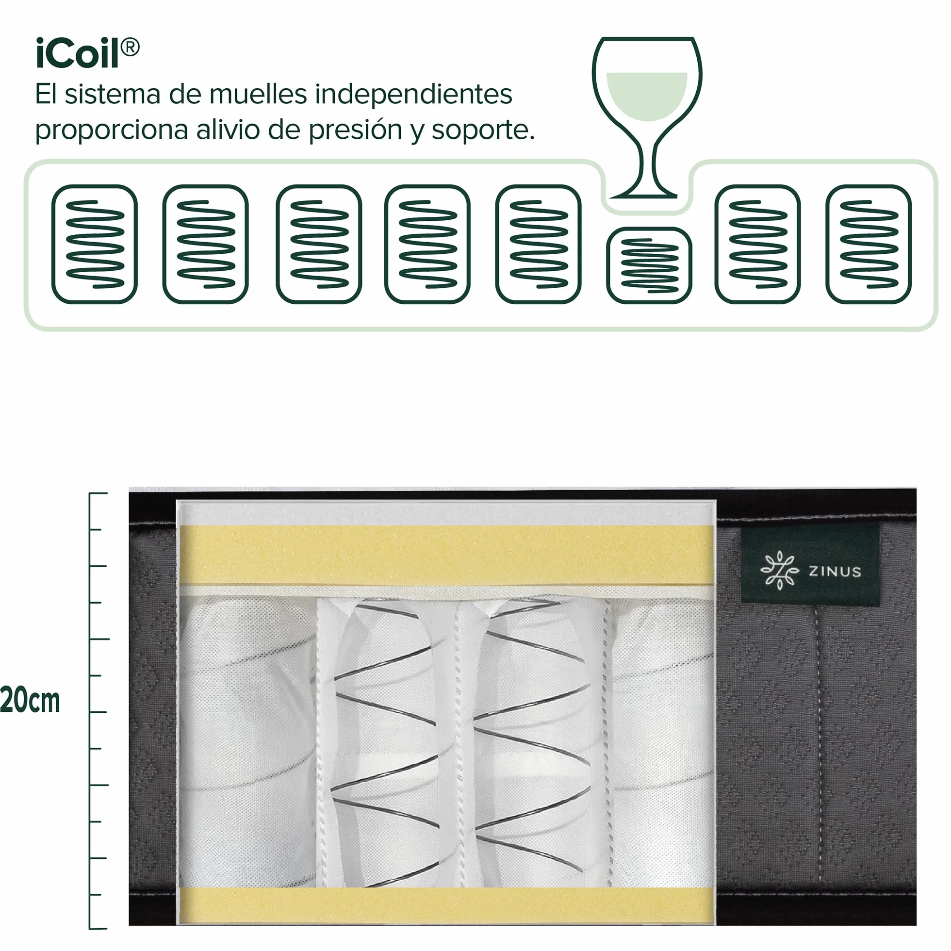 Zinus Colchón Híbrido 135x190 cm 20 cm Tight Top Muelles Ensacados Espuma Viscoelástica Alta Transpirabilidad