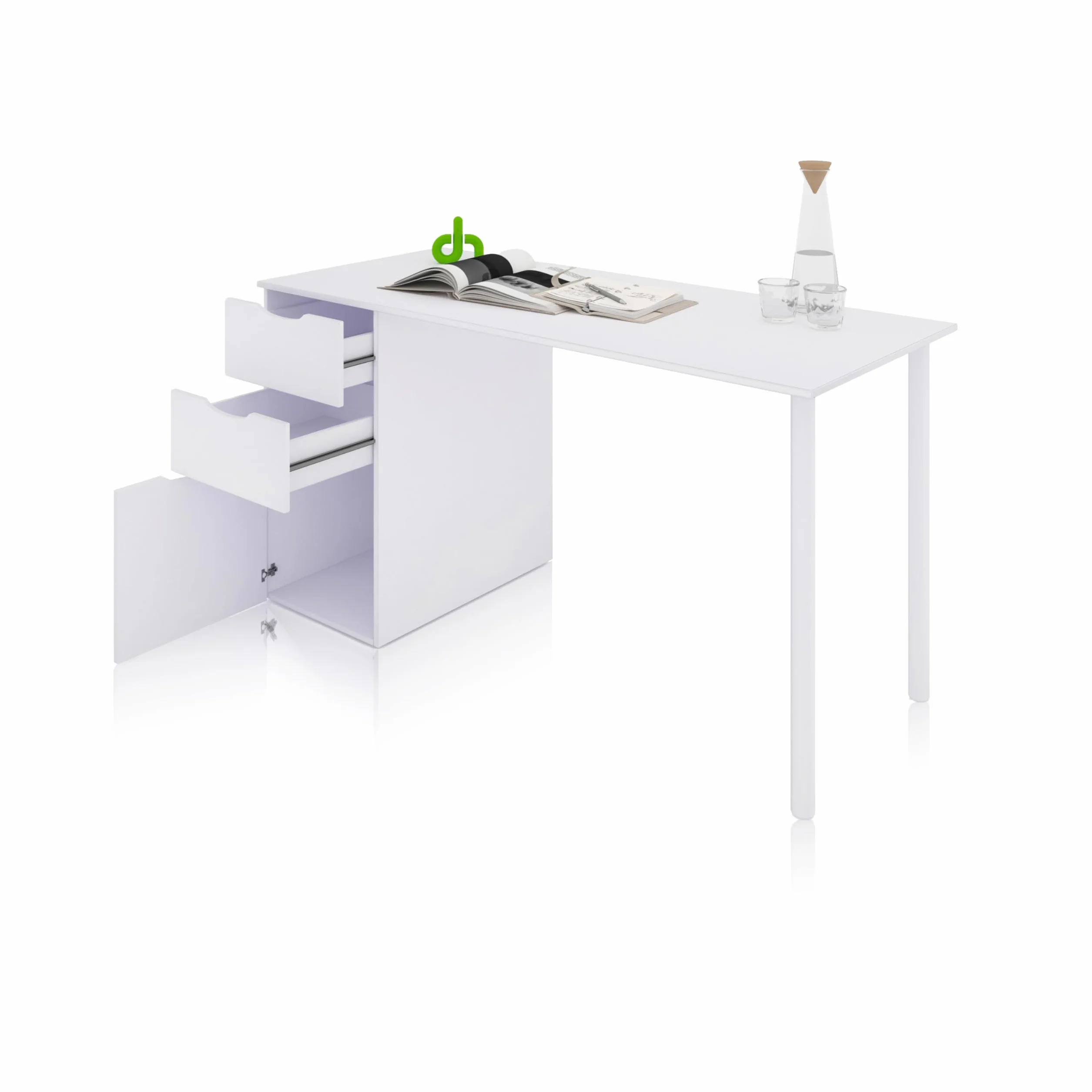 duehome | Mesa Ordenador Reversible con 2 Cajones y 1 Puerta, Mesa Despacho, Escritorio, Modelo Luma, Acabado en Color Blanco Artik, Medidas: 138 cm (Ancho) x 60 cm (Fondo) x 74 cm (Alto)
