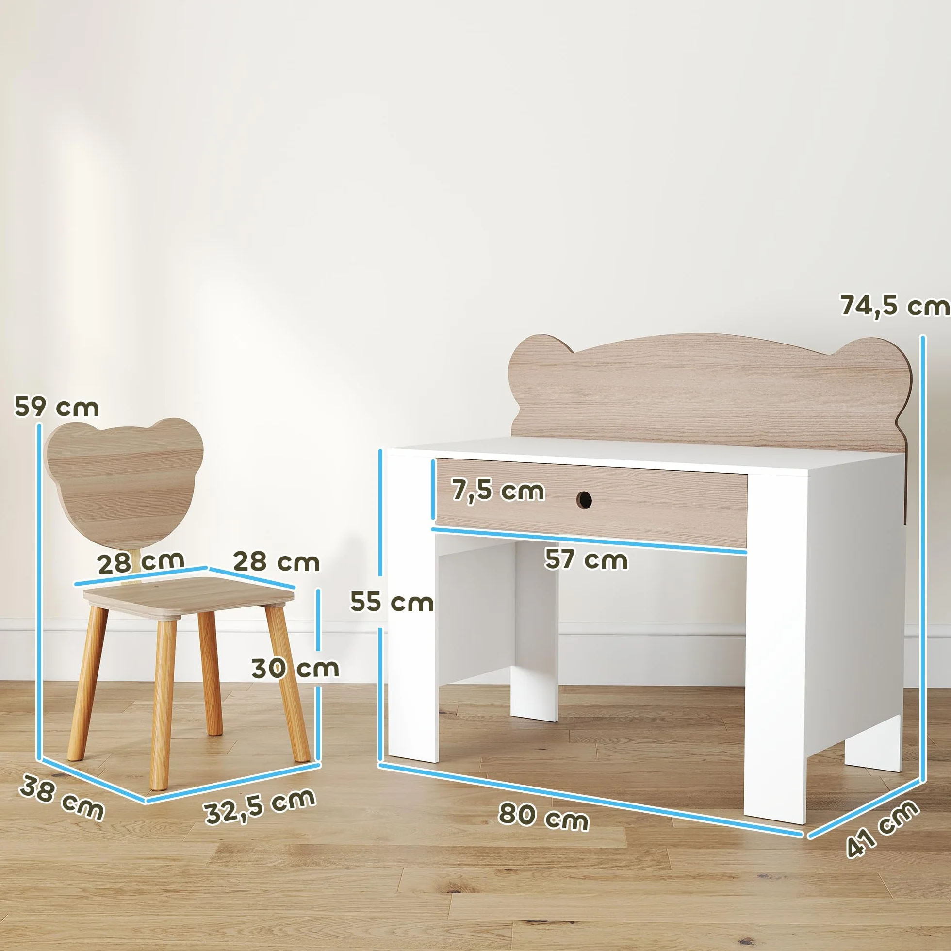 AIYAPLAY Escritorio Infantil con Silla Osito Mesa Niños Cajón Estudiar Dibujar Leer Pupitre Estudio Dormitorio Sala Natural