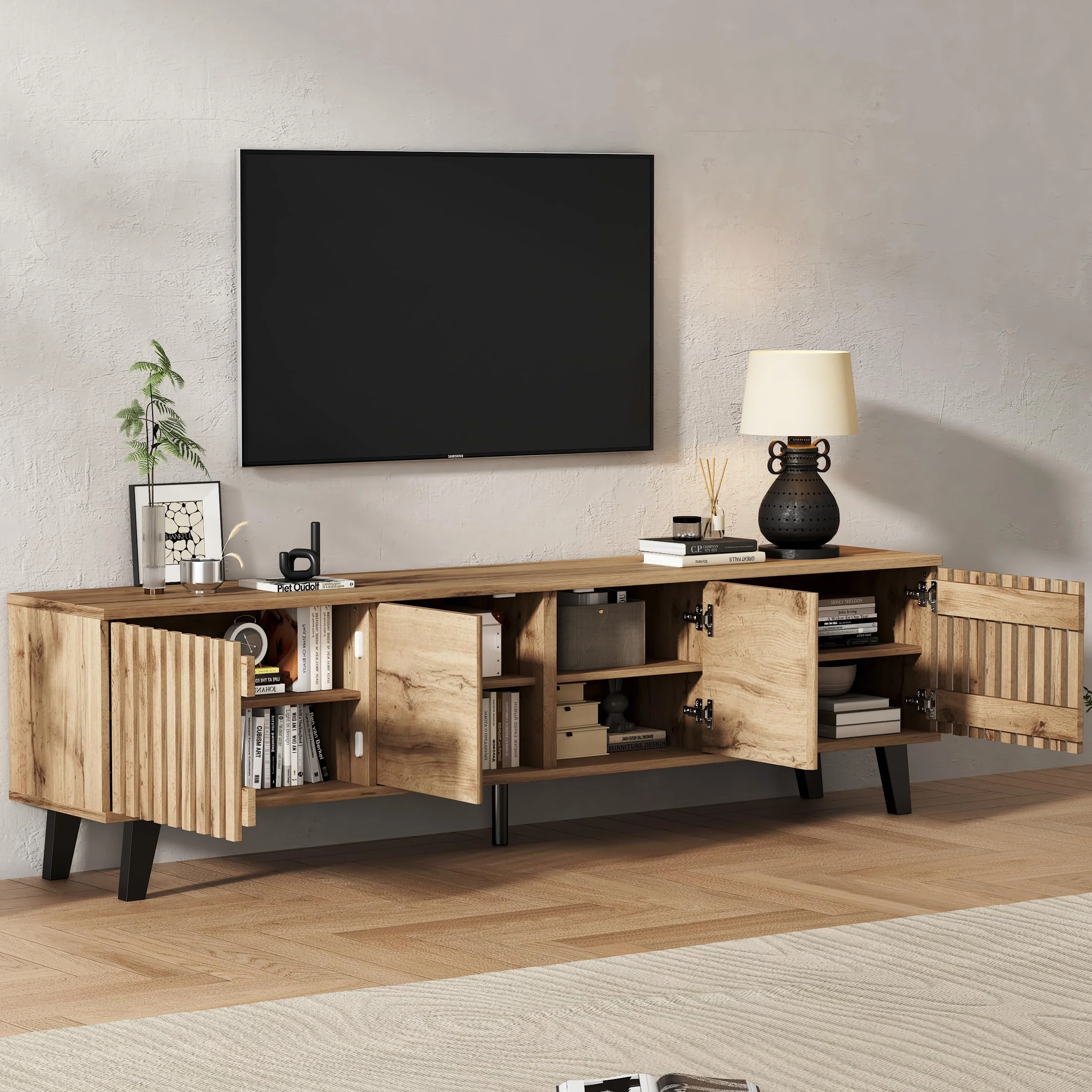 Mueble para TV de 180 x 40 x 55 cm, color madera original, 8 estantes separados, soporte para TV, consola de TV, centro de entretenimiento para televisores de 70 pulgadas, apto para sala de