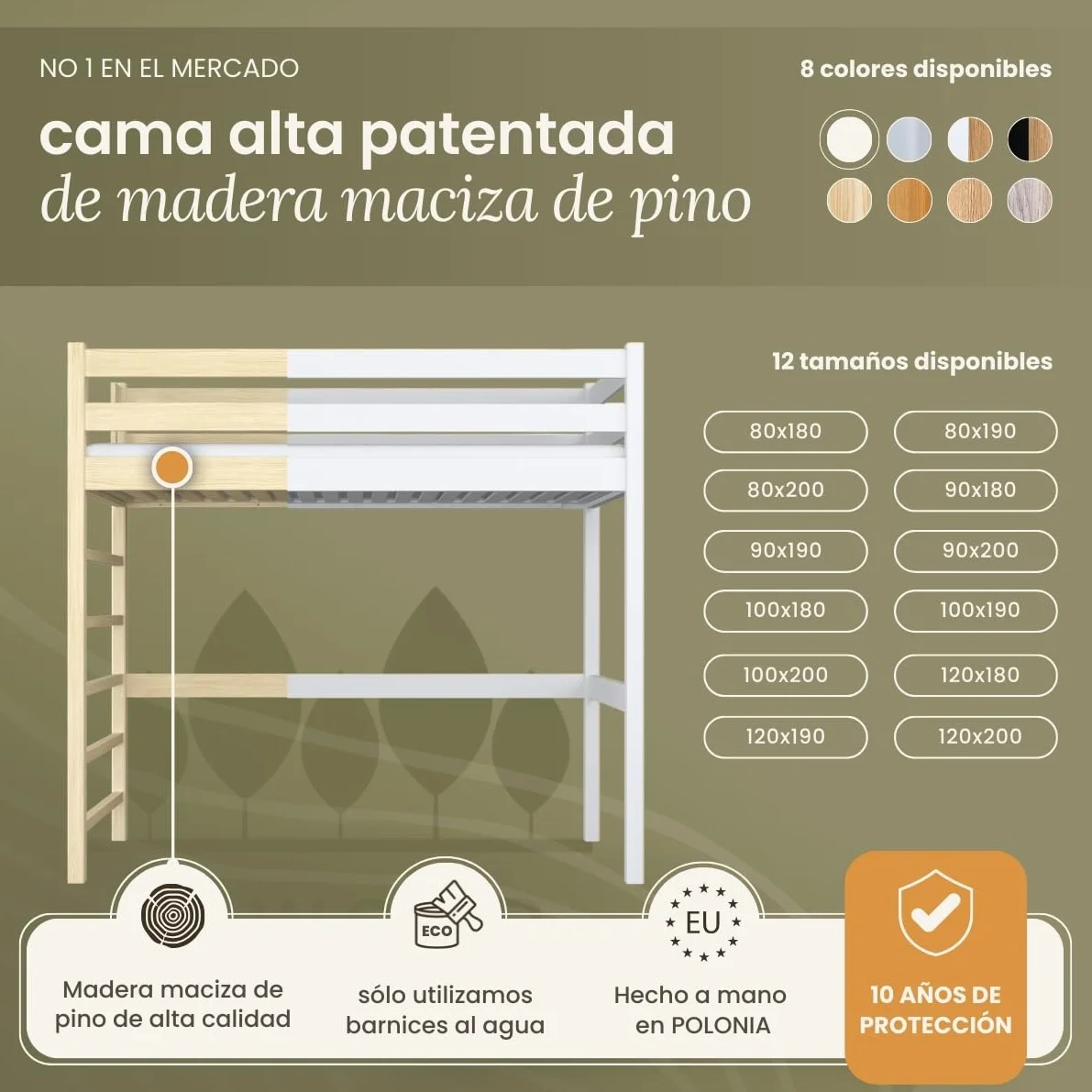 N01 Cama Loft 90x200 cm, 100% Madera Maciza, Cama Alta para niños y Adultos, Escalera Universal: Derecha o Izquierda, Somier Incluido, Sin Tornillos salientes, Hecho a Mano, Blanco